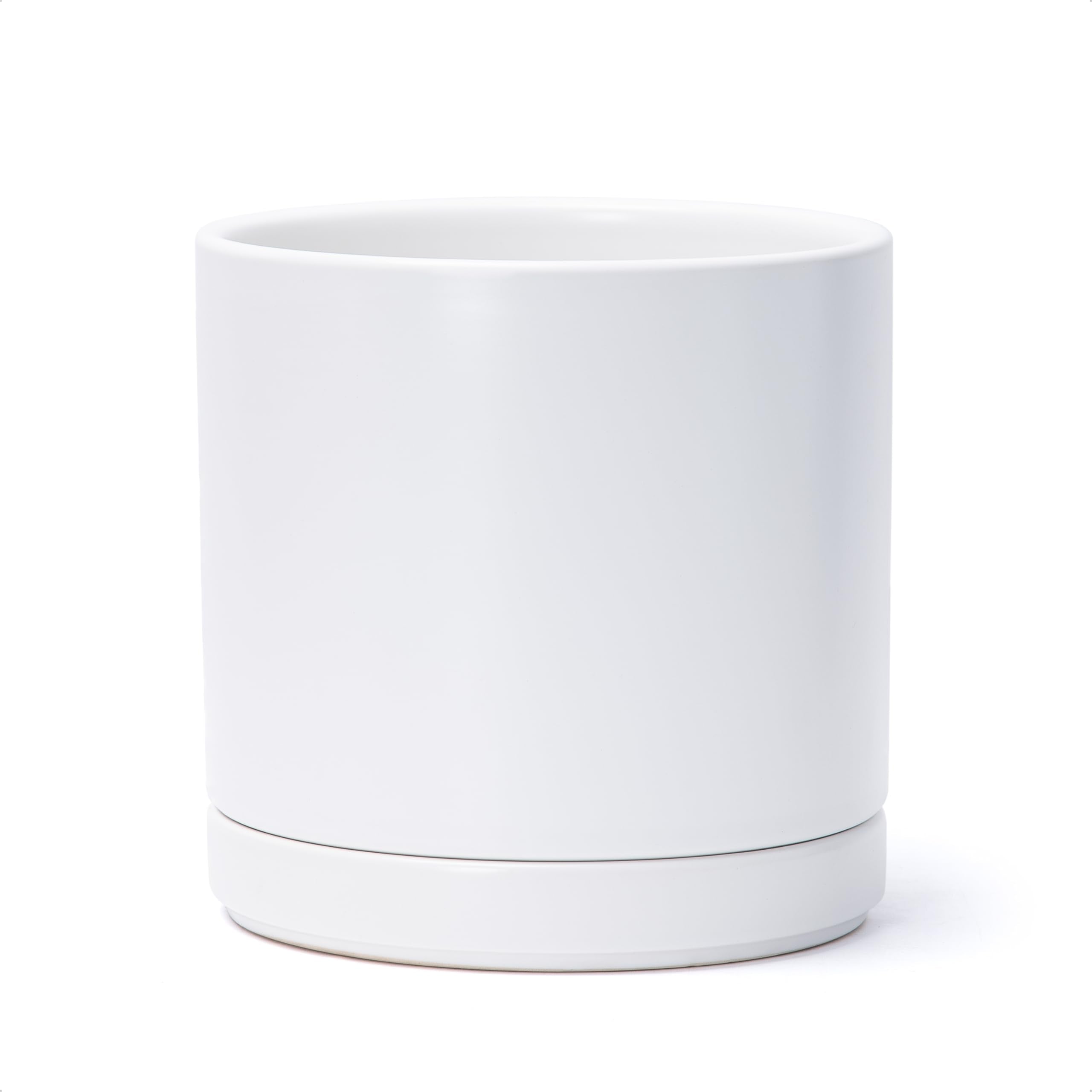 D'vine Dev 10 Inch Ceramic Planter Pot with Drainage Hole and Saucer, Indoor Cylinder Round Planter Pot, White, 94-O-E-1