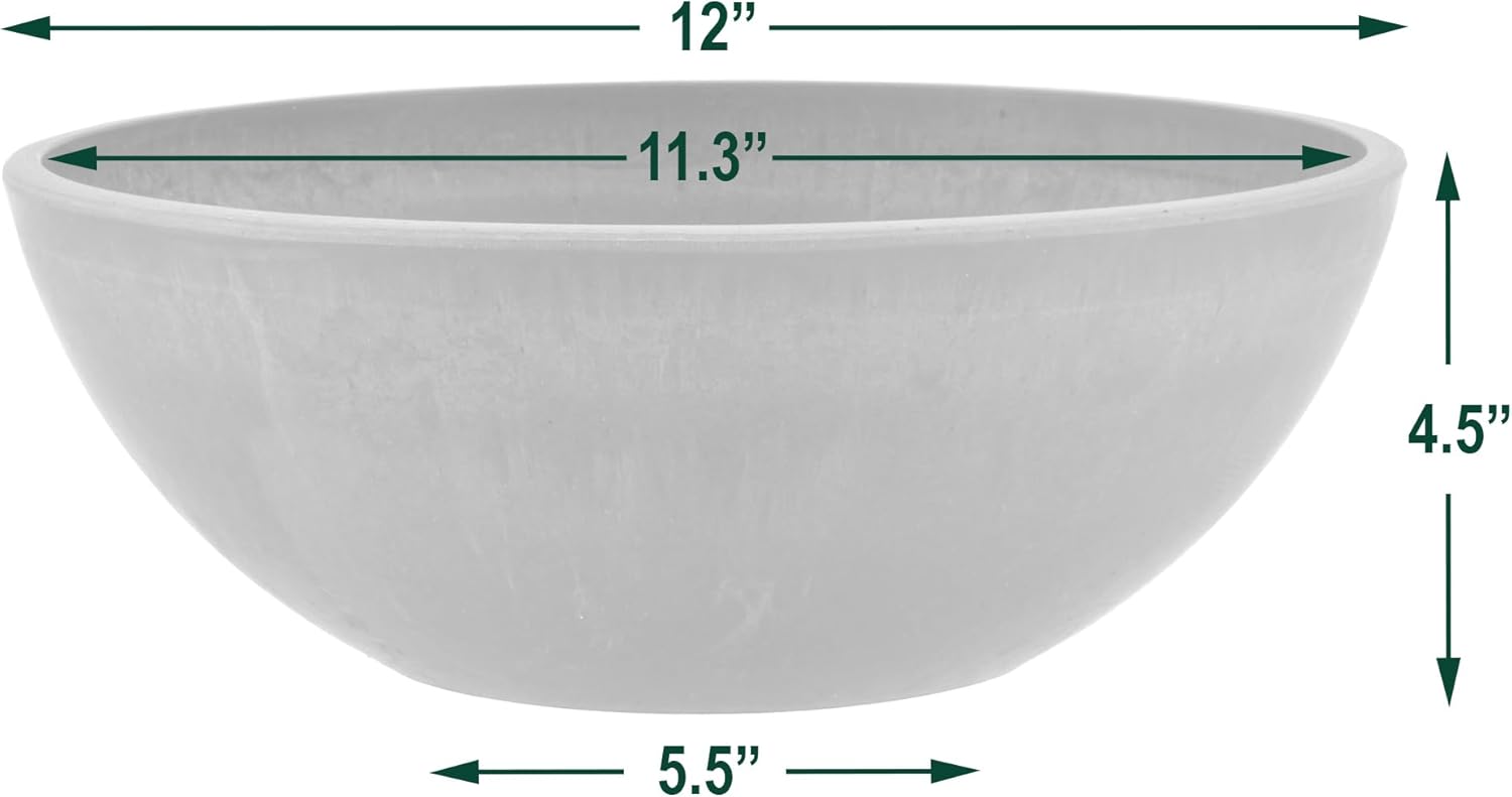 PSW Pot Collection M30DC 12-inch Plastic/Stone/Wood Composite Low Bowl Planter – No Drainage Hole (Drillable), Shallow Indoor/Outer Pot for Succulents, Bonsai, Fairy Gardens, Herbs, Dark Charcoal