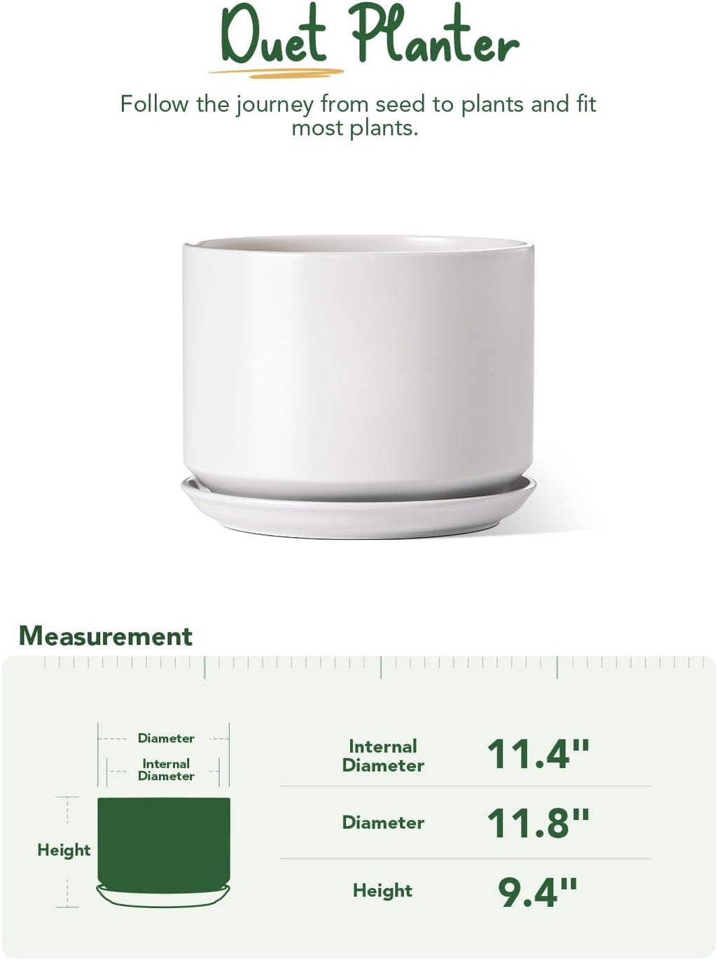 LE TAUCI 12 Inch Pots for Plants, Ceramic Plant Pots with Drainage Holes and Saucers, Elegant and Durable Large Plant Pot, Perfect for Home & Office Decor, White