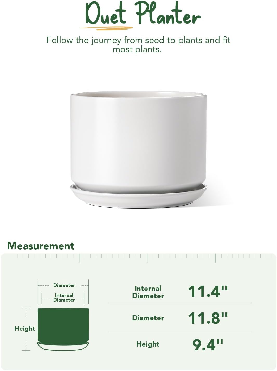 LE TAUCI 12 Inch Pots for Plants, Ceramic Plant Pots with Drainage Holes and Saucers, Elegant and Durable Large Plant Pot, Perfect for Home & Office Decor, White