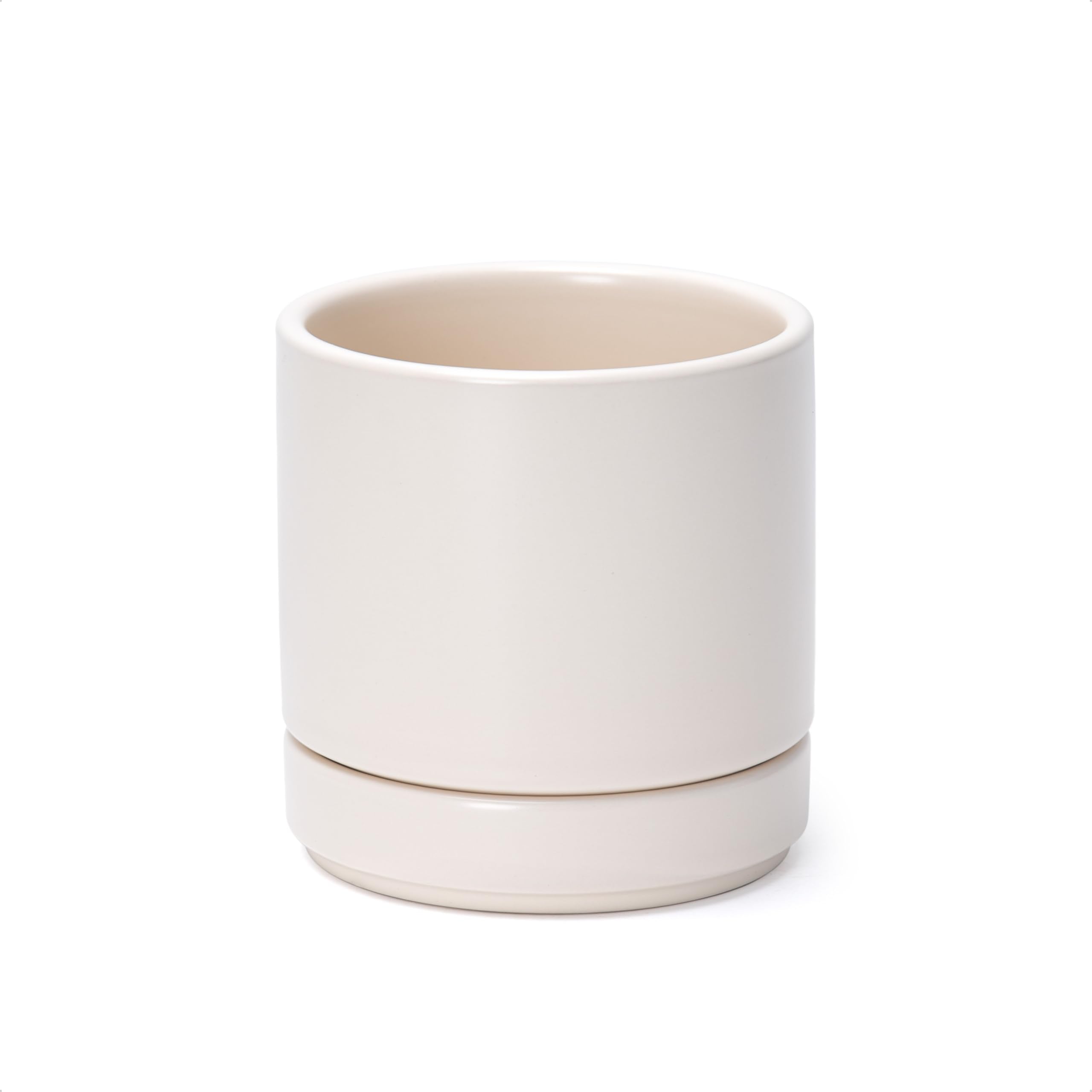 D'vine Dev 10 Inch Ceramic Planter Pot with Drainage Hole and Saucer, Indoor Cylinder Round Planter Pot, White, 94-O-E-1