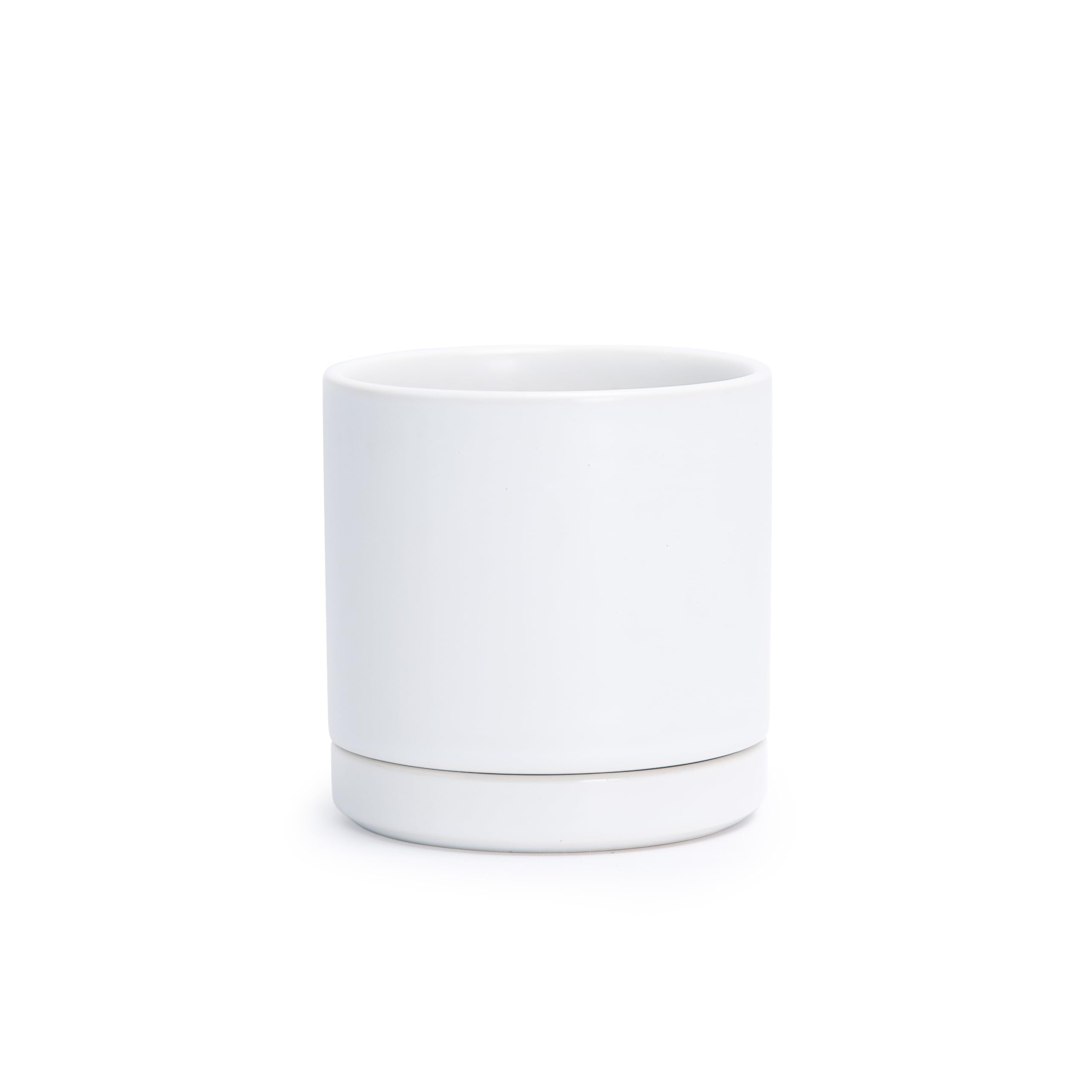 D'vine Dev 10 Inch Ceramic Planter Pot with Drainage Hole and Saucer, Indoor Cylinder Round Planter Pot, White, 94-O-E-1
