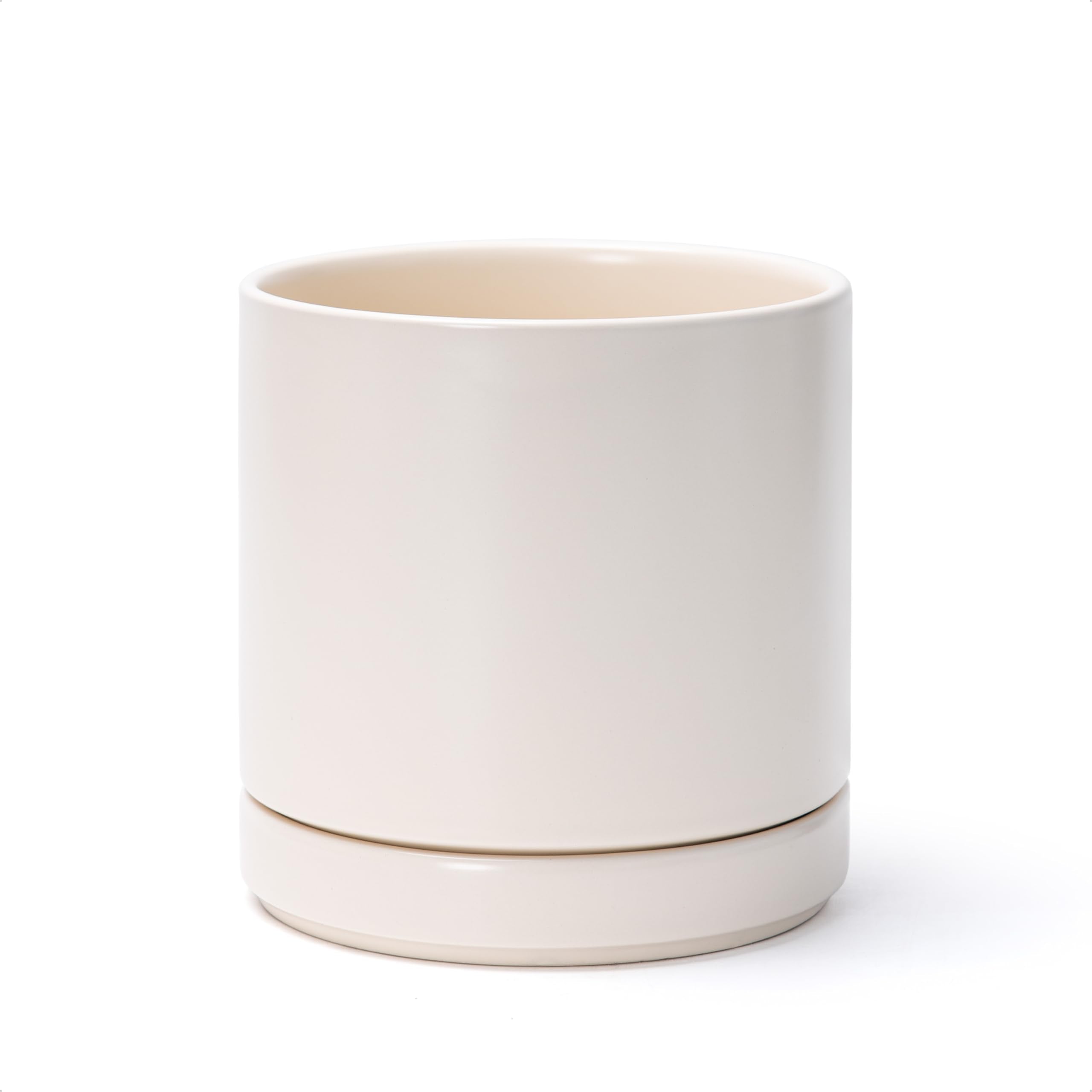 D'vine Dev 10 Inch Ceramic Planter Pot with Drainage Hole and Saucer, Indoor Cylinder Round Planter Pot, White, 94-O-E-1
