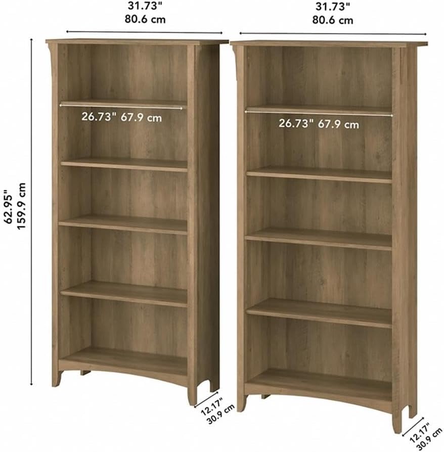 Bush Home Salinas Tall 5 Shelf Bookcase - Set of 2 in Reclaimed Pine, Vertical Office Storage, Bookshelves for Home Workspace, Multi-Purpose Shelving Units