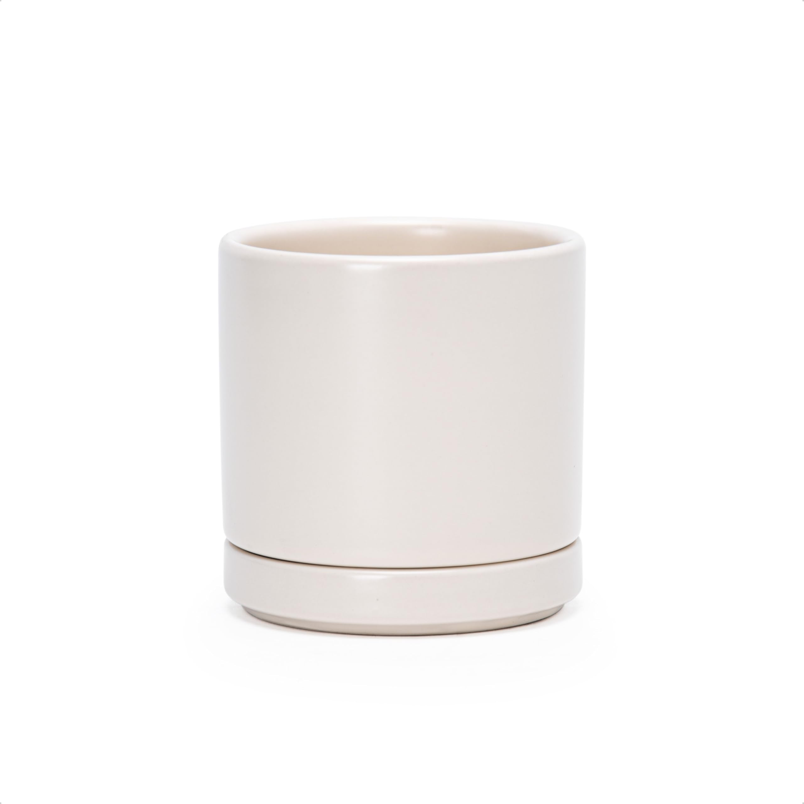 D'vine Dev 10 Inch Ceramic Planter Pot with Drainage Hole and Saucer, Indoor Cylinder Round Planter Pot, White, 94-O-E-1