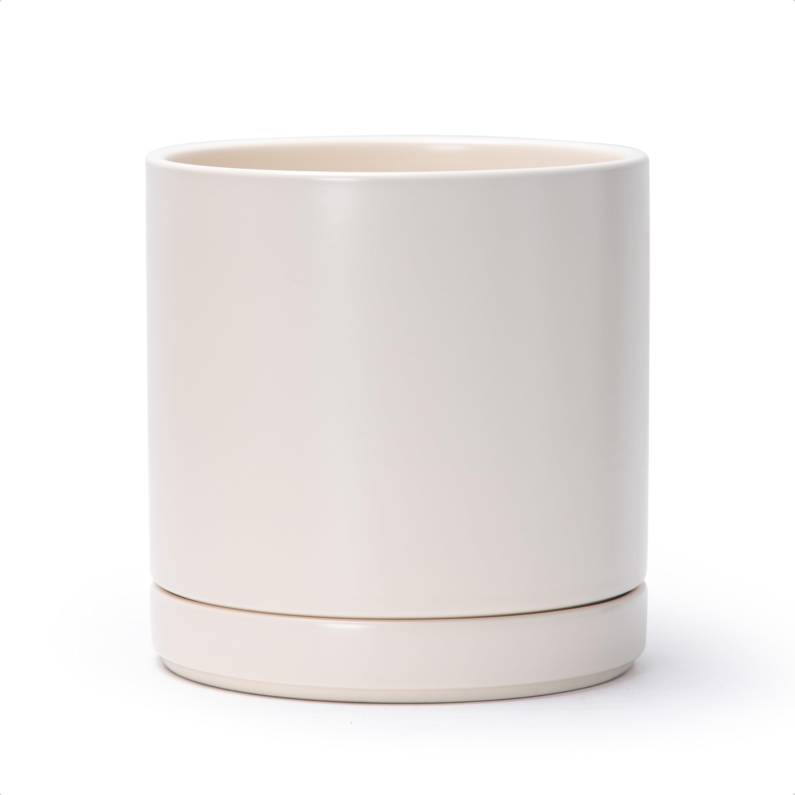 D'vine Dev 10 Inch Ceramic Planter Pot with Drainage Hole and Saucer, Indoor Cylinder Round Planter Pot, White, 94-O-E-1