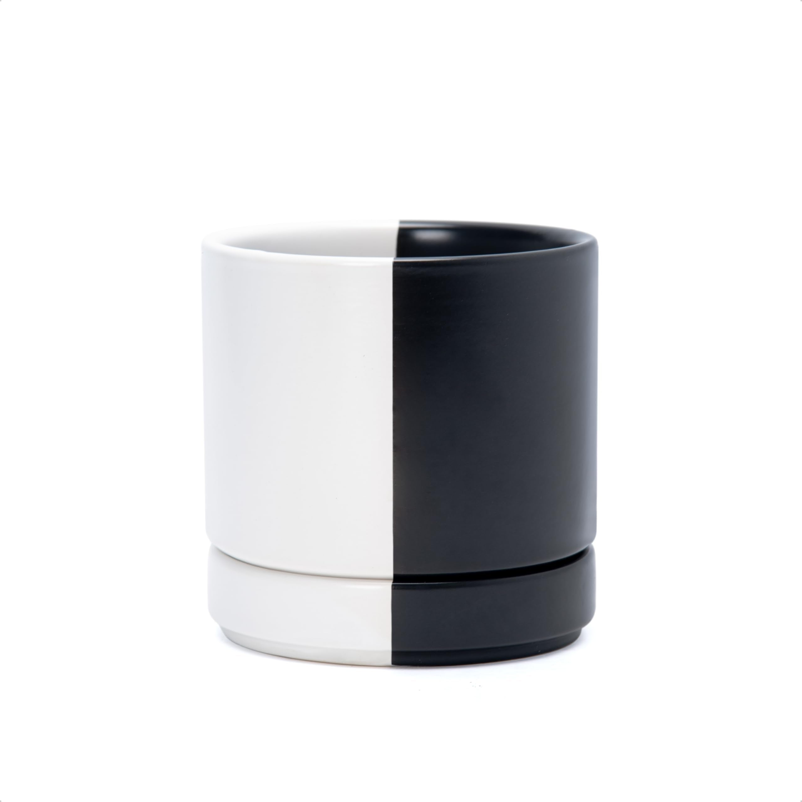 D'vine Dev 10 Inch Ceramic Planter Pot with Drainage Hole and Saucer, Indoor Cylinder Round Planter Pot, White, 94-O-E-1