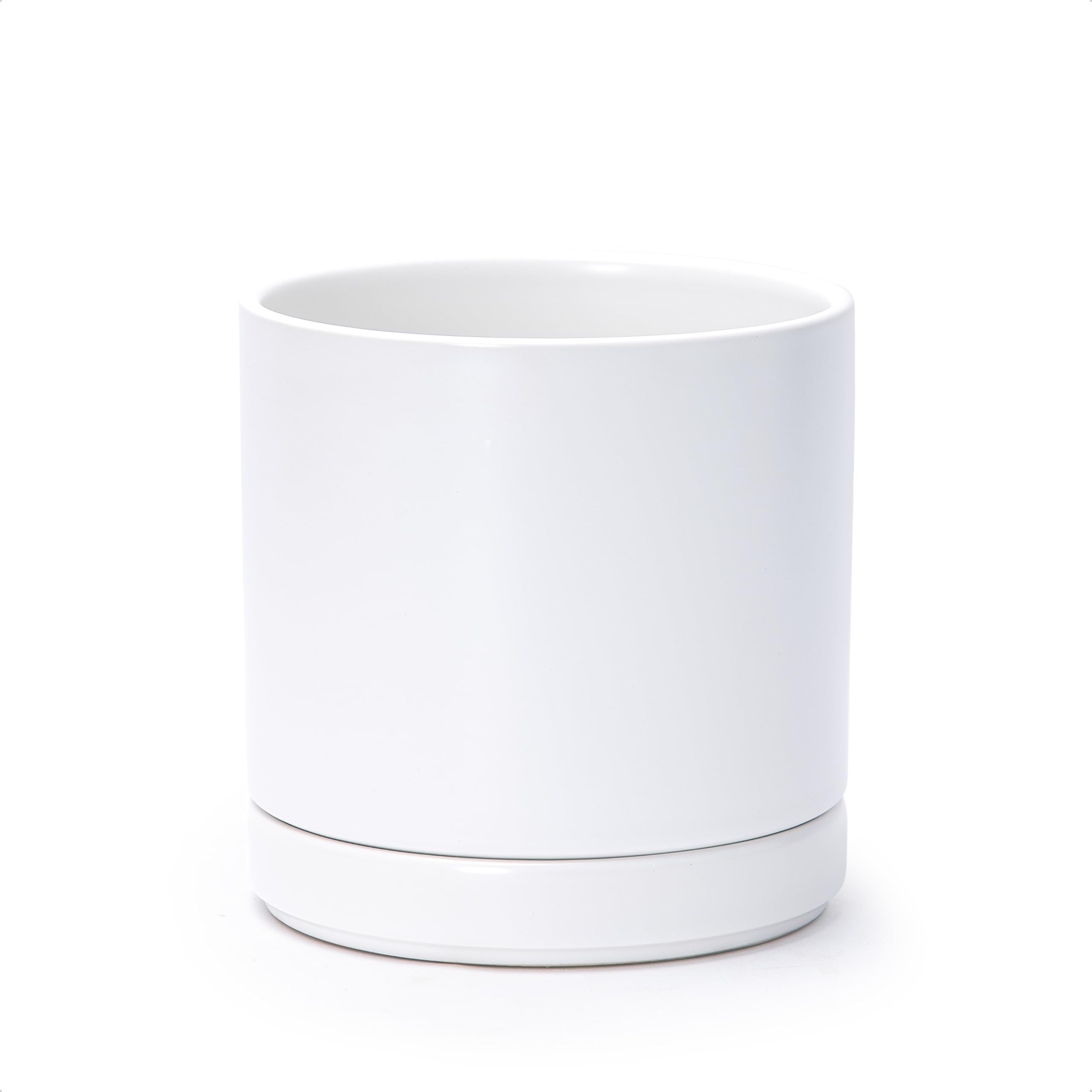 D'vine Dev 10 Inch Ceramic Planter Pot with Drainage Hole and Saucer, Indoor Cylinder Round Planter Pot, White, 94-O-E-1