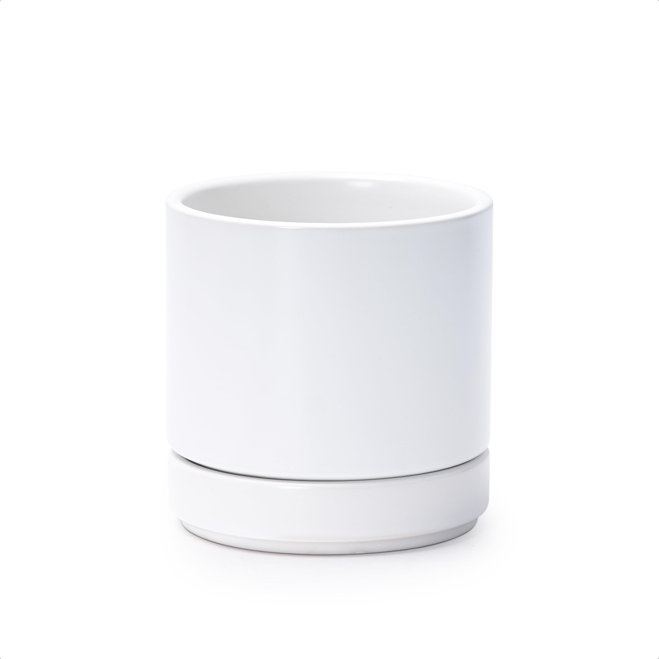 D'vine Dev 10 Inch Ceramic Planter Pot with Drainage Hole and Saucer, Indoor Cylinder Round Planter Pot, White, 94-O-E-1