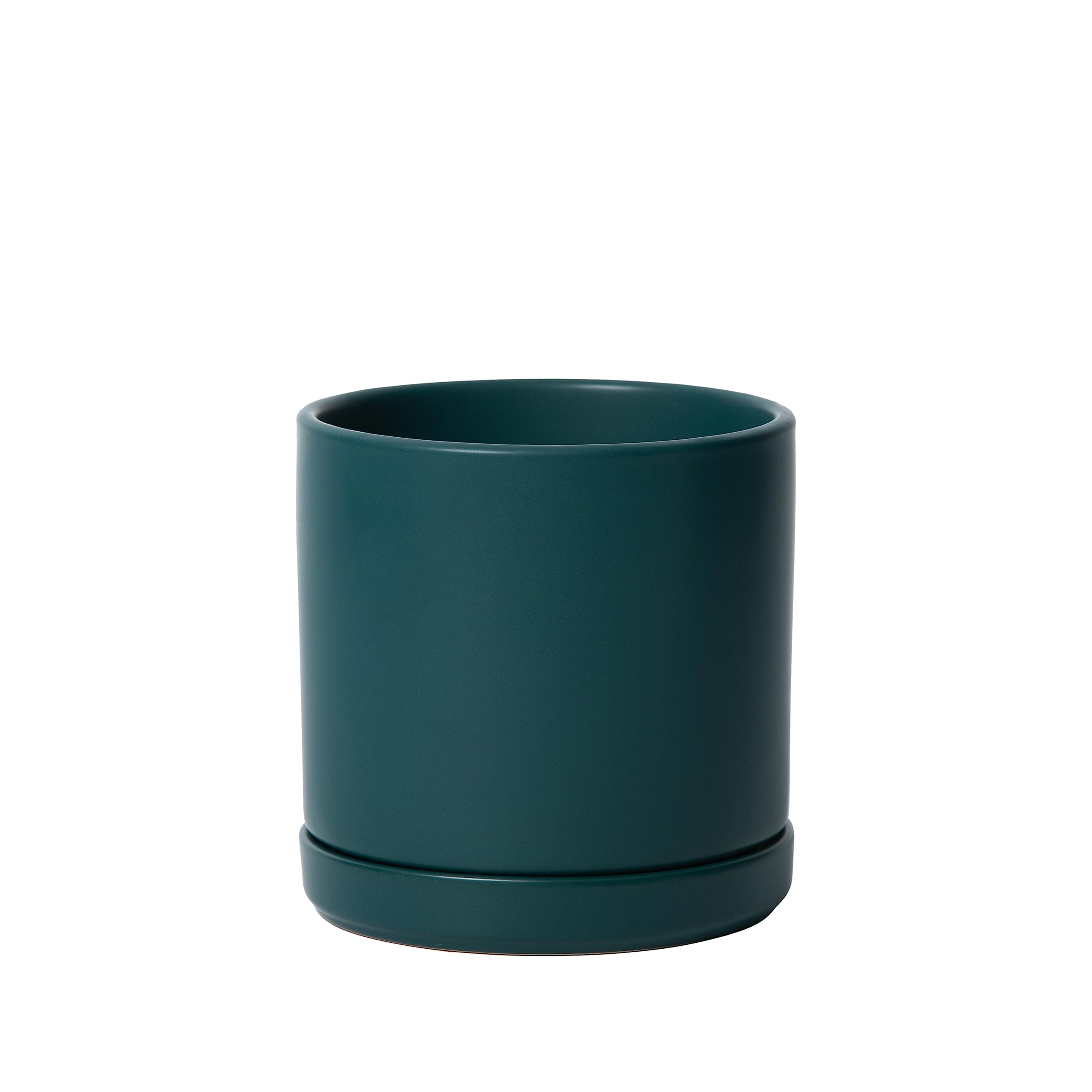 D'vine Dev 10 Inch Ceramic Planter Pot with Drainage Hole and Saucer, Indoor Cylinder Round Planter Pot, White, 94-O-E-1