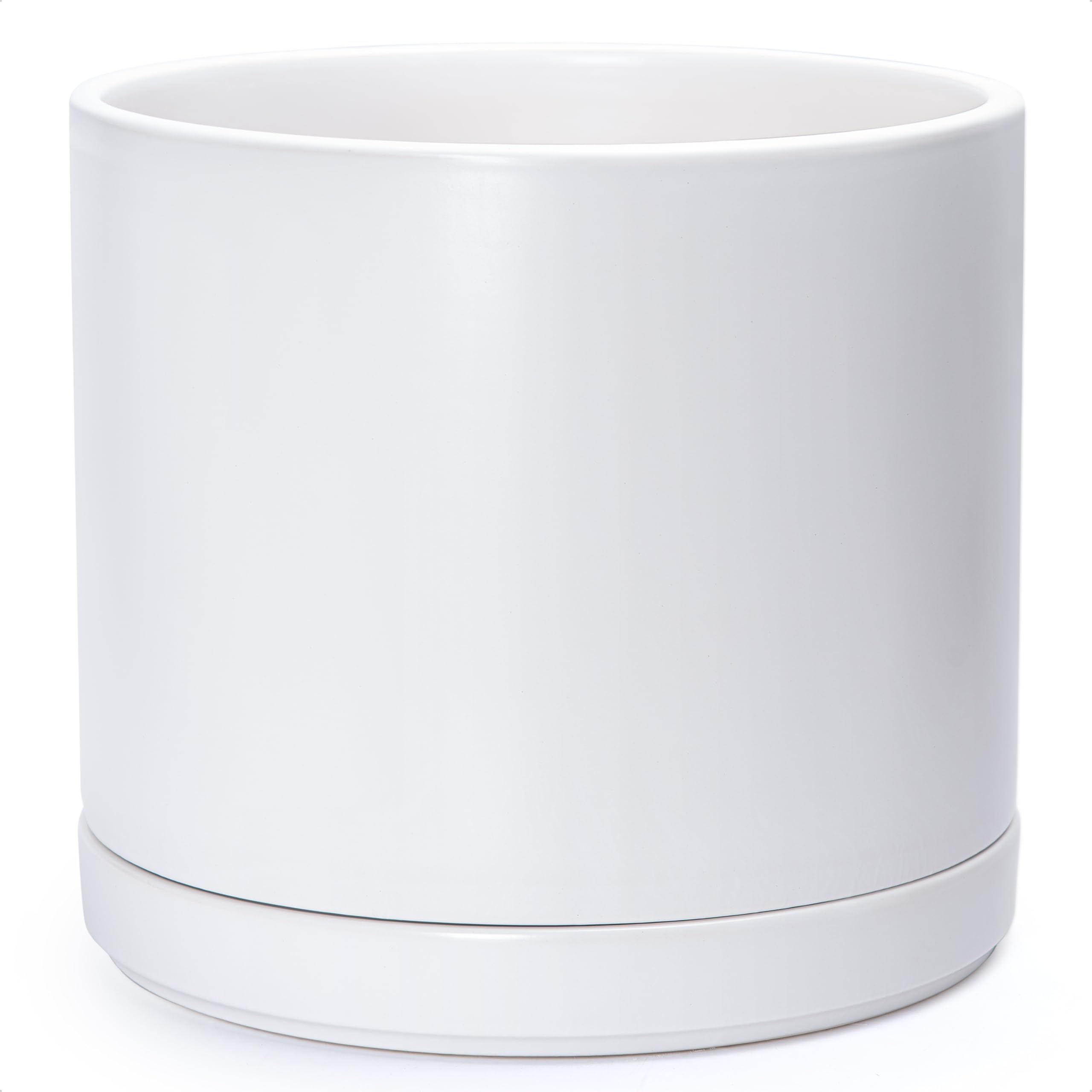 D'vine Dev 10 Inch Ceramic Planter Pot with Drainage Hole and Saucer, Indoor Cylinder Round Planter Pot, White, 94-O-E-1