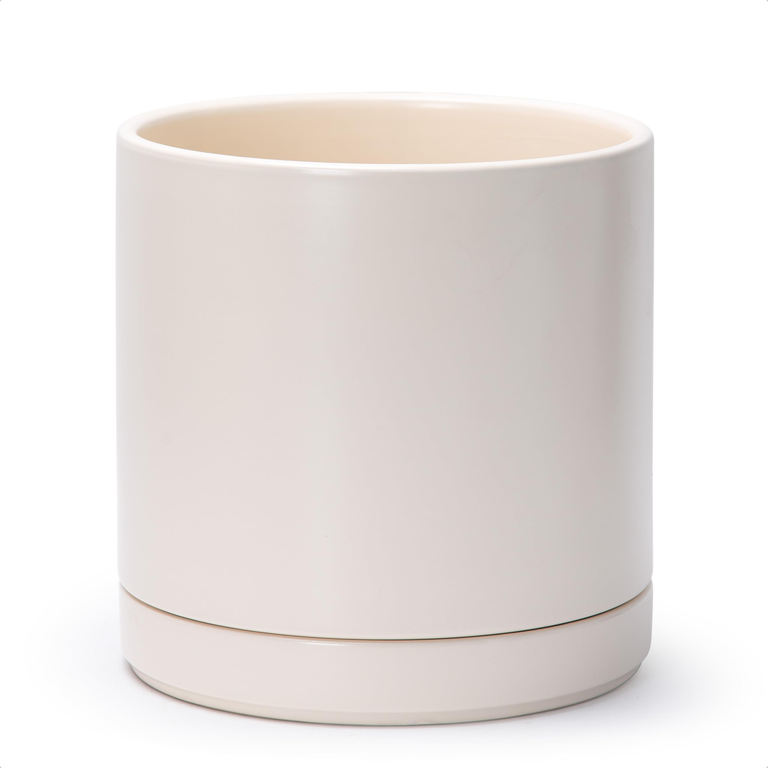 D'vine Dev 10 Inch Ceramic Planter Pot with Drainage Hole and Saucer, Indoor Cylinder Round Planter Pot, White, 94-O-E-1