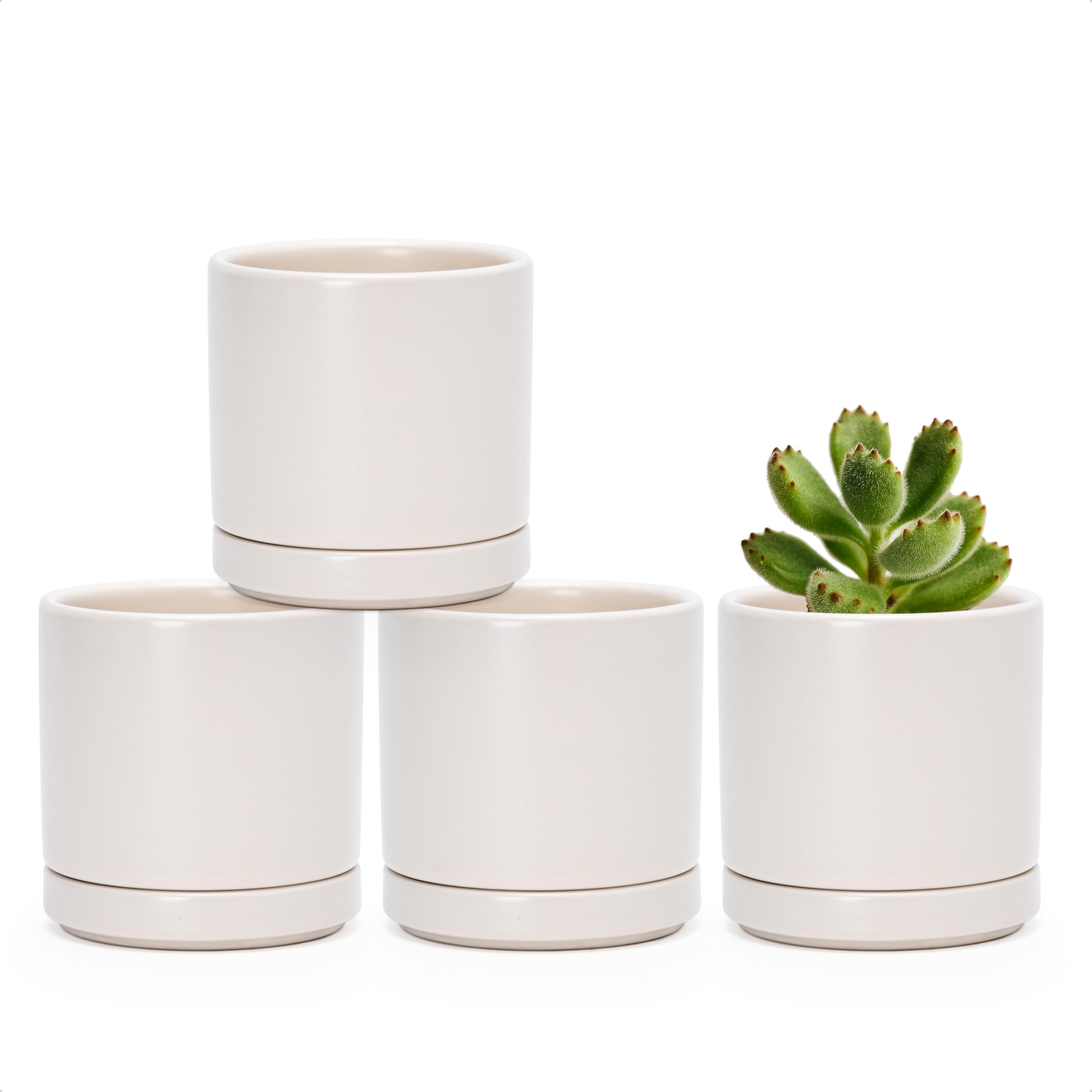 D'vine Dev Set of 4 Small Ceramic Plant Pots, 4.7 Inch Succulent Planter Pot for Plants with Drainage Hole and Saucer, White, 94-X-B-1