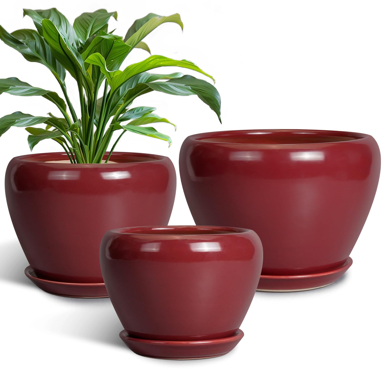 Ceramic Plant Pots Indoor, 10 Inch 8 Inch 6 Inch Round Planters Pots for Indoor Outdoor Plants, Modern Large Flower Pots with Drainage Holes and Saucers, Set of 3, Blue