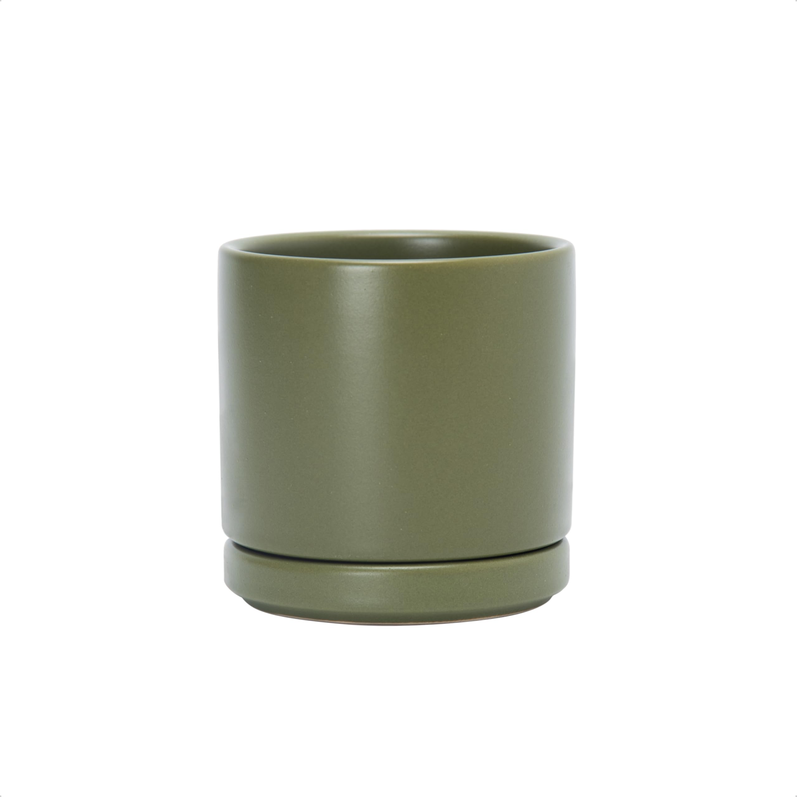 D'vine Dev 10 Inch Ceramic Planter Pot with Drainage Hole and Saucer, Indoor Cylinder Round Planter Pot, White, 94-O-E-1