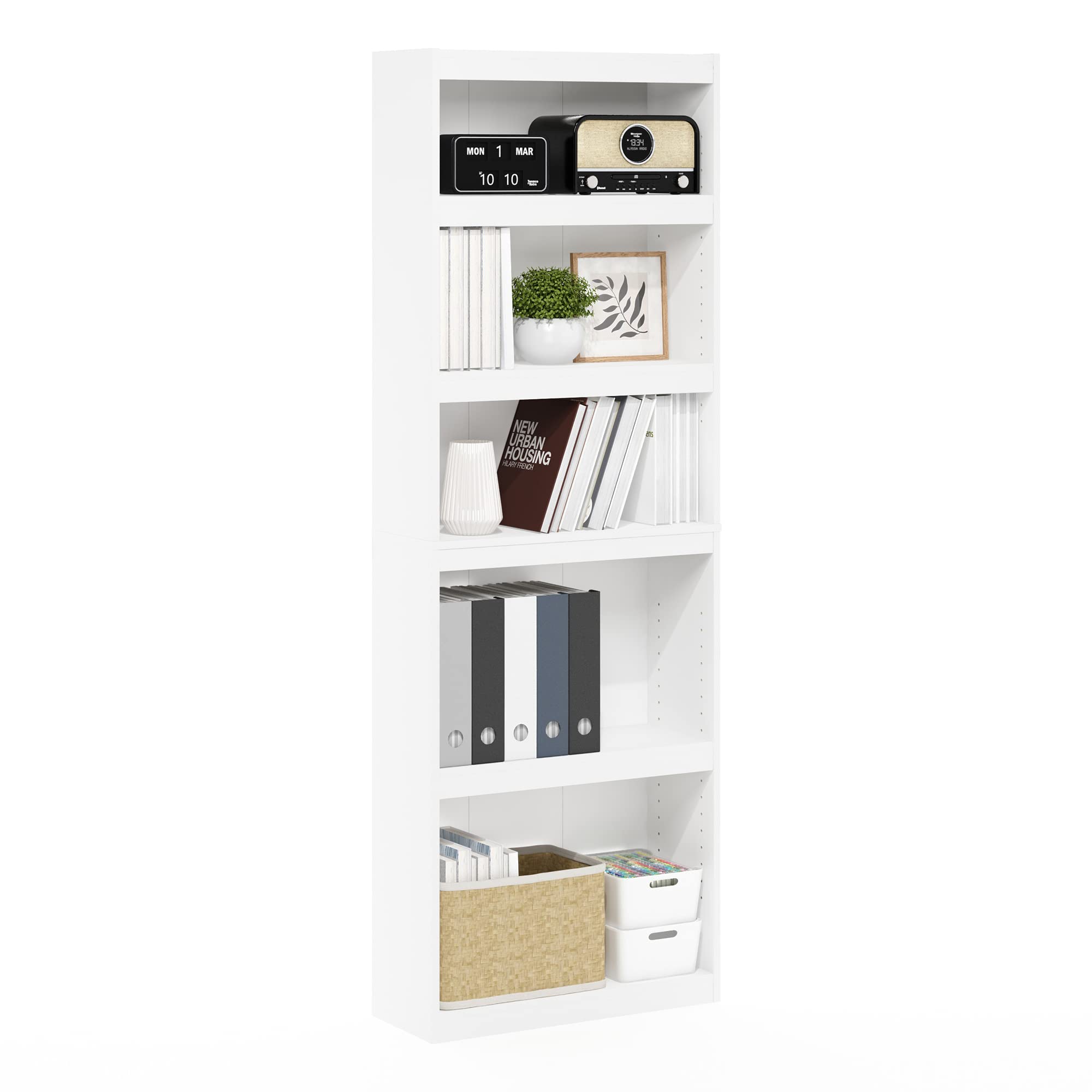 Furinno JAYA Book Shelf, 5-Tier Bookshelf, Bookcase with Adjustable Shelves, 9.5" x 24.5" x 71.2", for Organization and Storage, for Living Room, Bedroom, Home Office, Amber Pine
