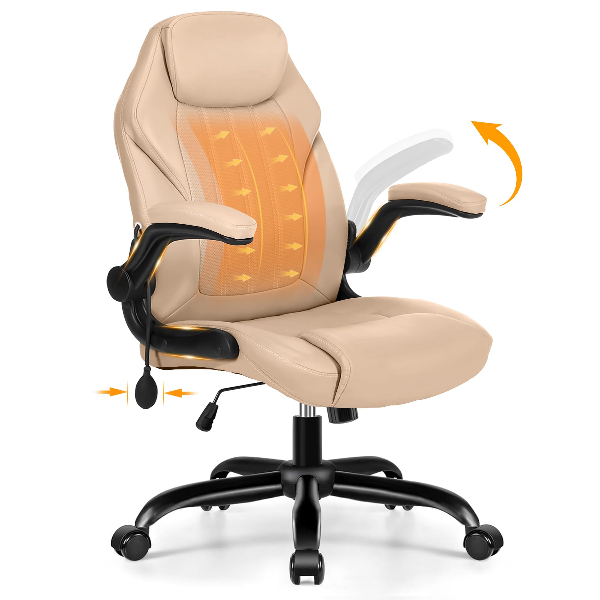 Ylzyxal Office Desk Chair, Ergonomic Computer Chair with Padded Flip-Up Arms and Adjustable Lumbar Support, PU Leather Executive Chair with Tilt Lock and 360° Swivel Rolling Wheels for Work, Study