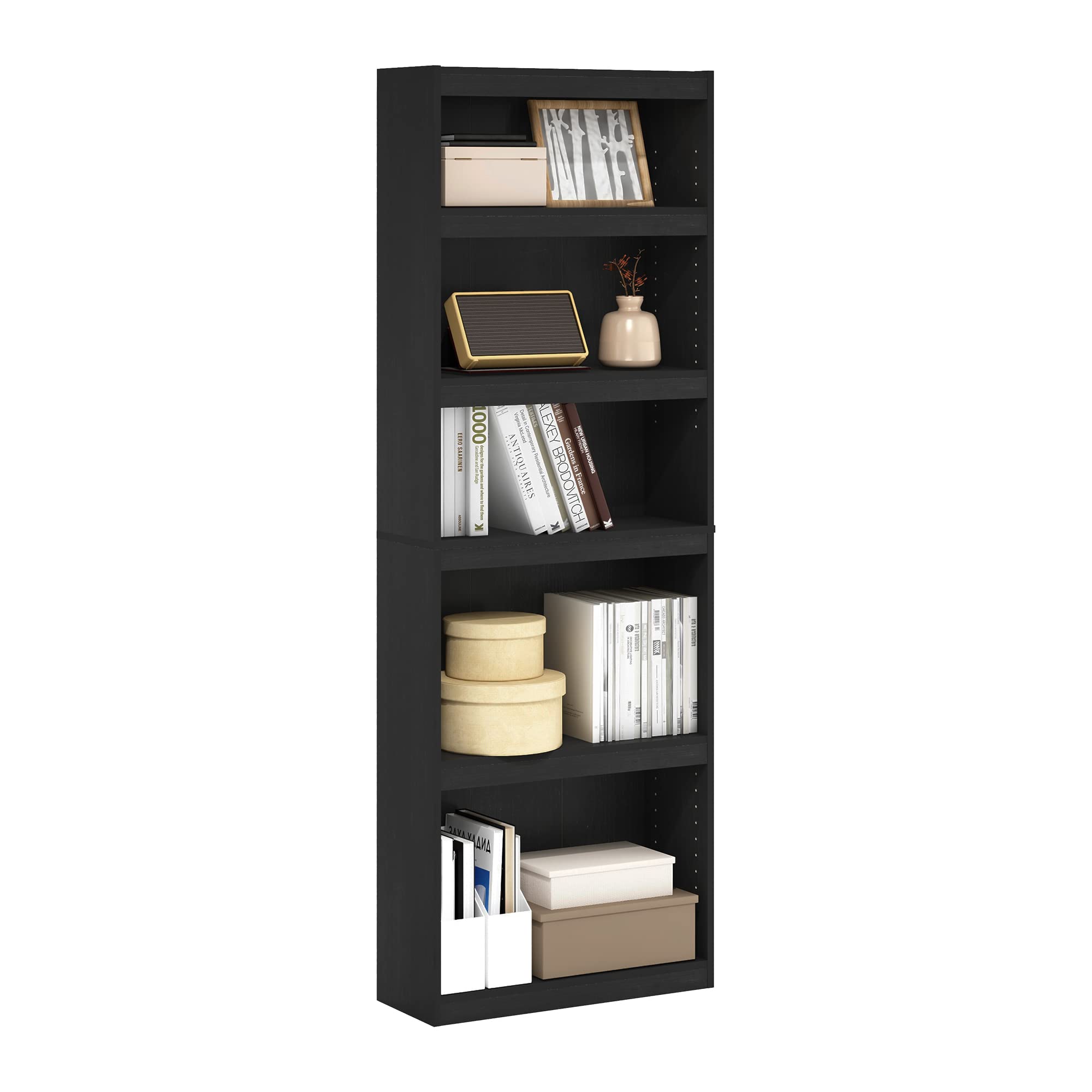 Furinno JAYA Book Shelf, 5-Tier Bookshelf, Bookcase with Adjustable Shelves, 9.5" x 24.5" x 71.2", for Organization and Storage, for Living Room, Bedroom, Home Office, Amber Pine