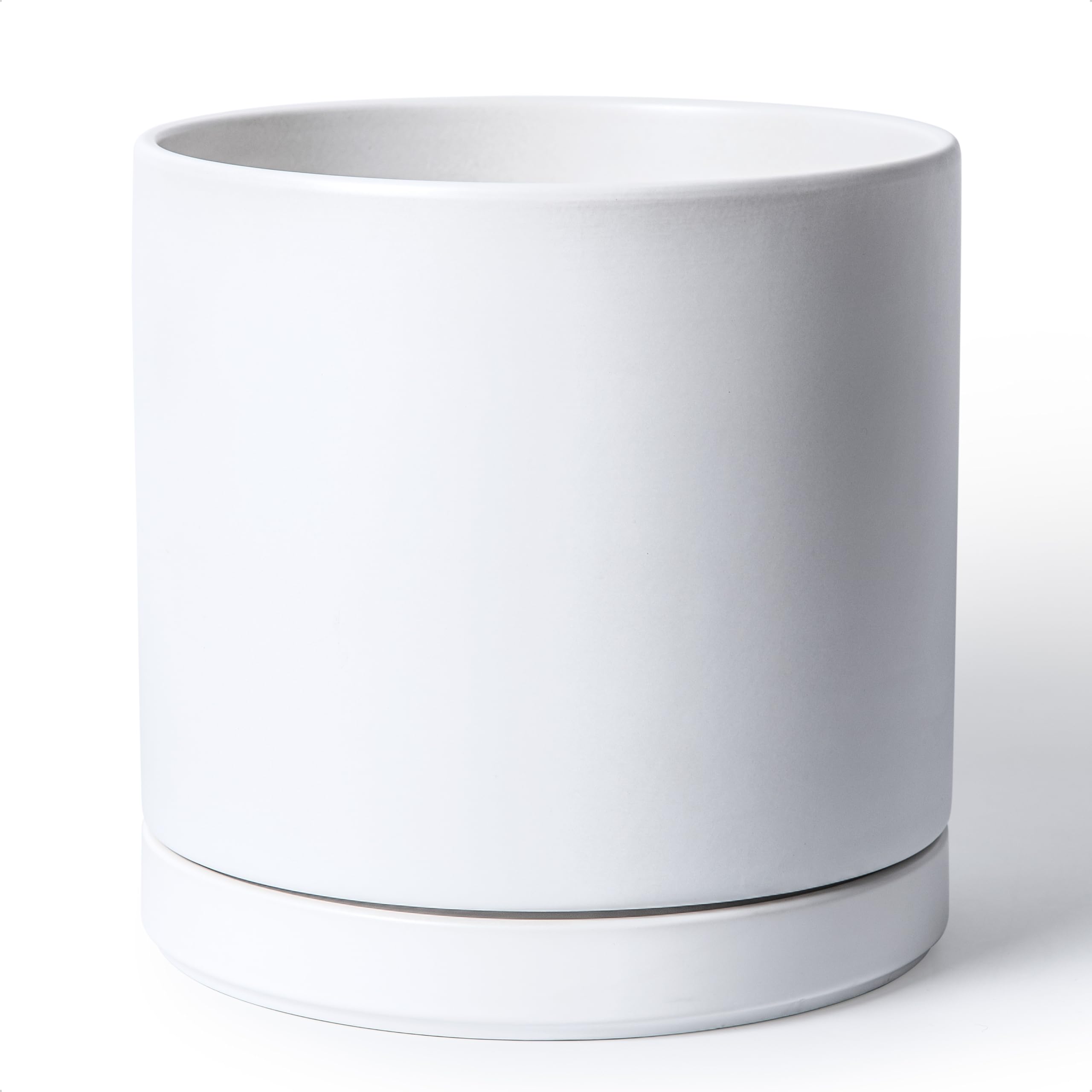 D'vine Dev 10 Inch Ceramic Planter Pot with Drainage Hole and Saucer, Indoor Cylinder Round Planter Pot, White, 94-O-E-1