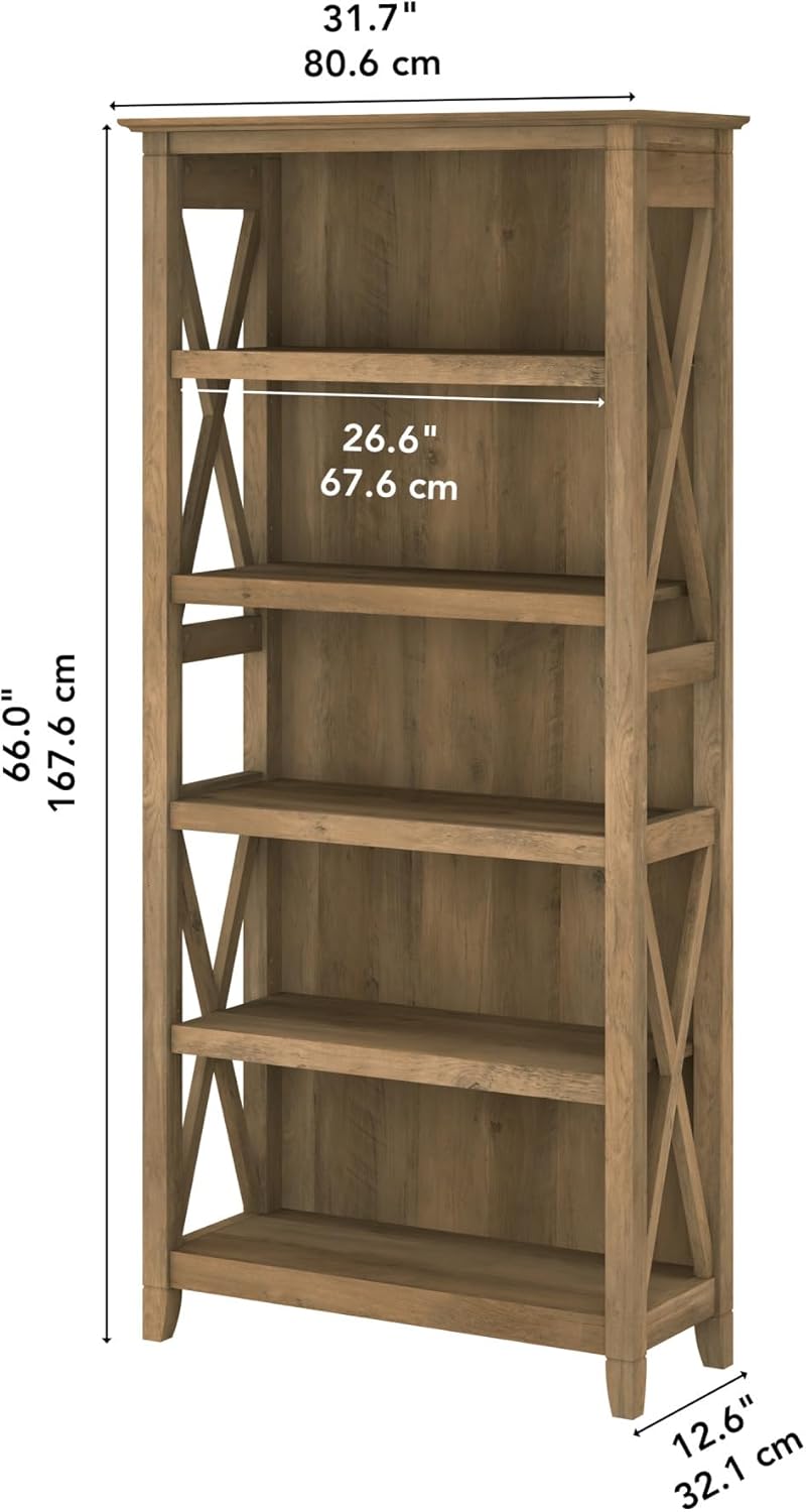 Bush Home Tall 5 Shelf Bookcase for Living Room or Home Office, Large Bookshelf, Modern Farmhouse Style, Key West Collection, Reclaimed Pine