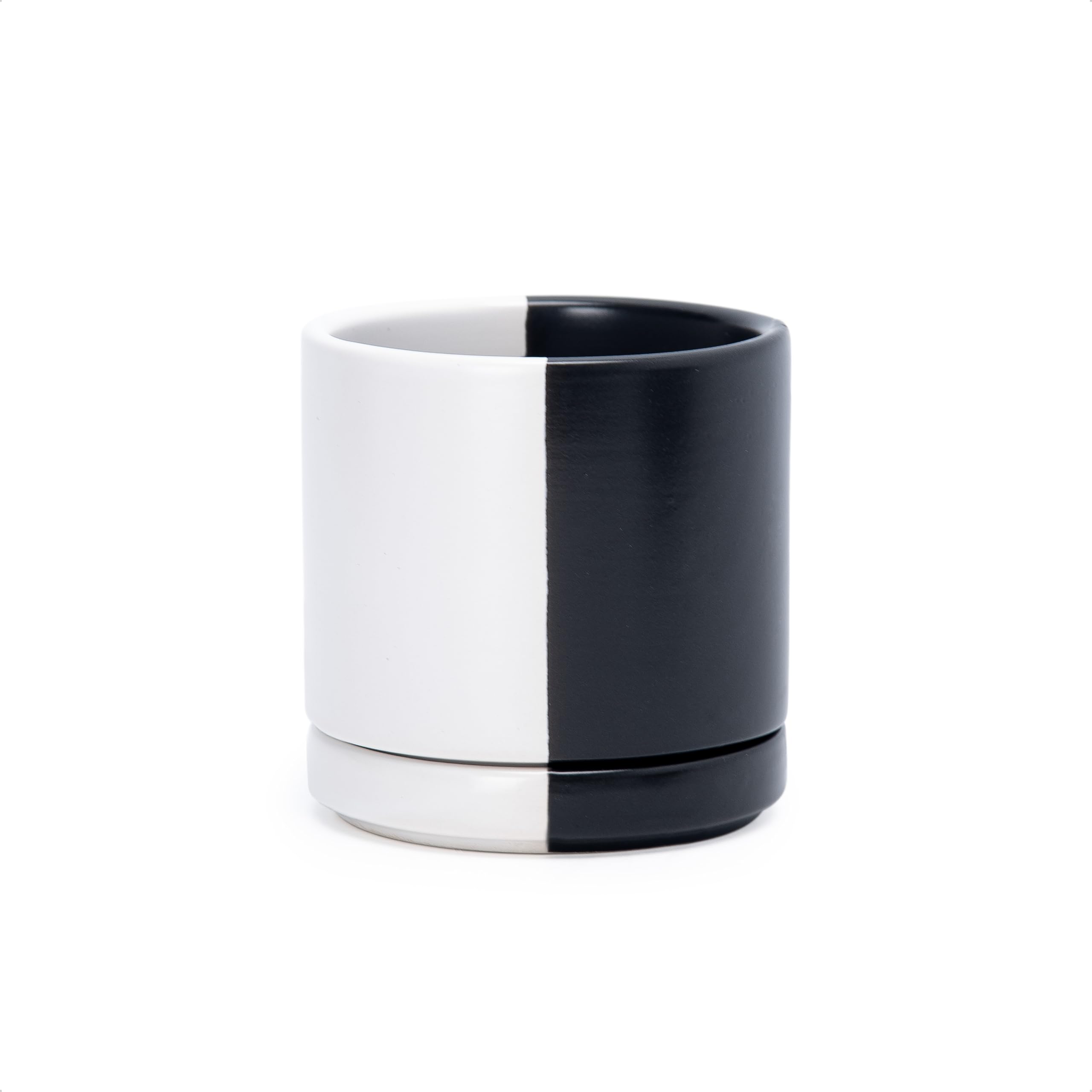 D'vine Dev 10 Inch Ceramic Planter Pot with Drainage Hole and Saucer, Indoor Cylinder Round Planter Pot, White, 94-O-E-1
