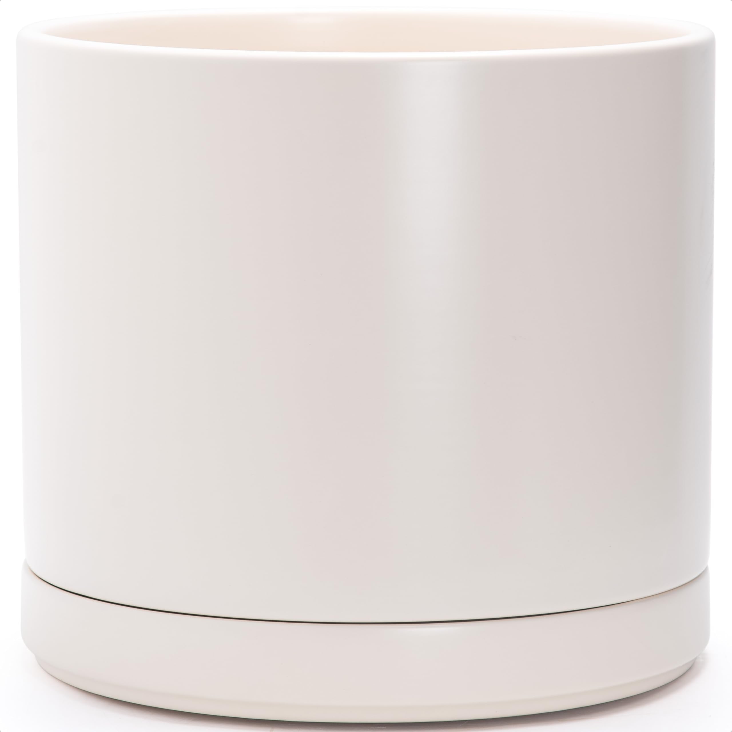 D'vine Dev 10 Inch Ceramic Planter Pot with Drainage Hole and Saucer, Indoor Cylinder Round Planter Pot, White, 94-O-E-1