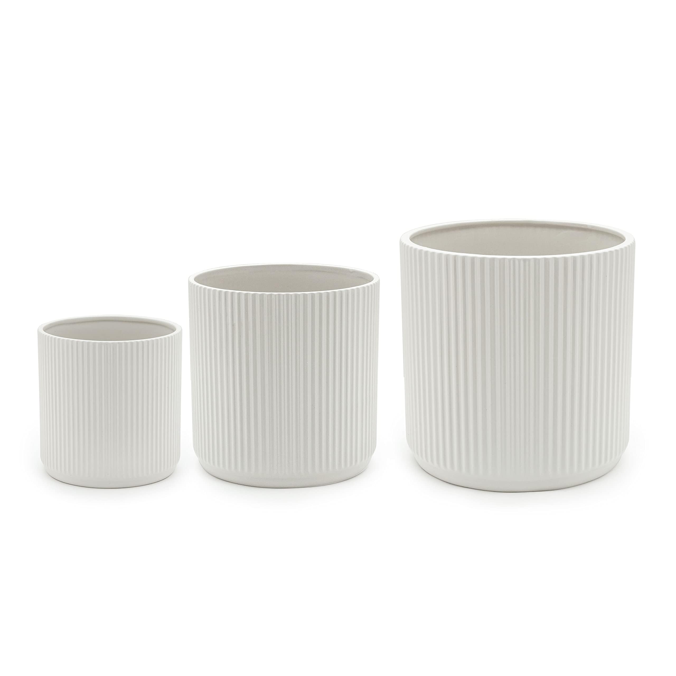 Amazon Basics Fluted Ceramic Round Planter with Drainage Hole, Indoor Outdoor Flower Pot, 10-inch, White