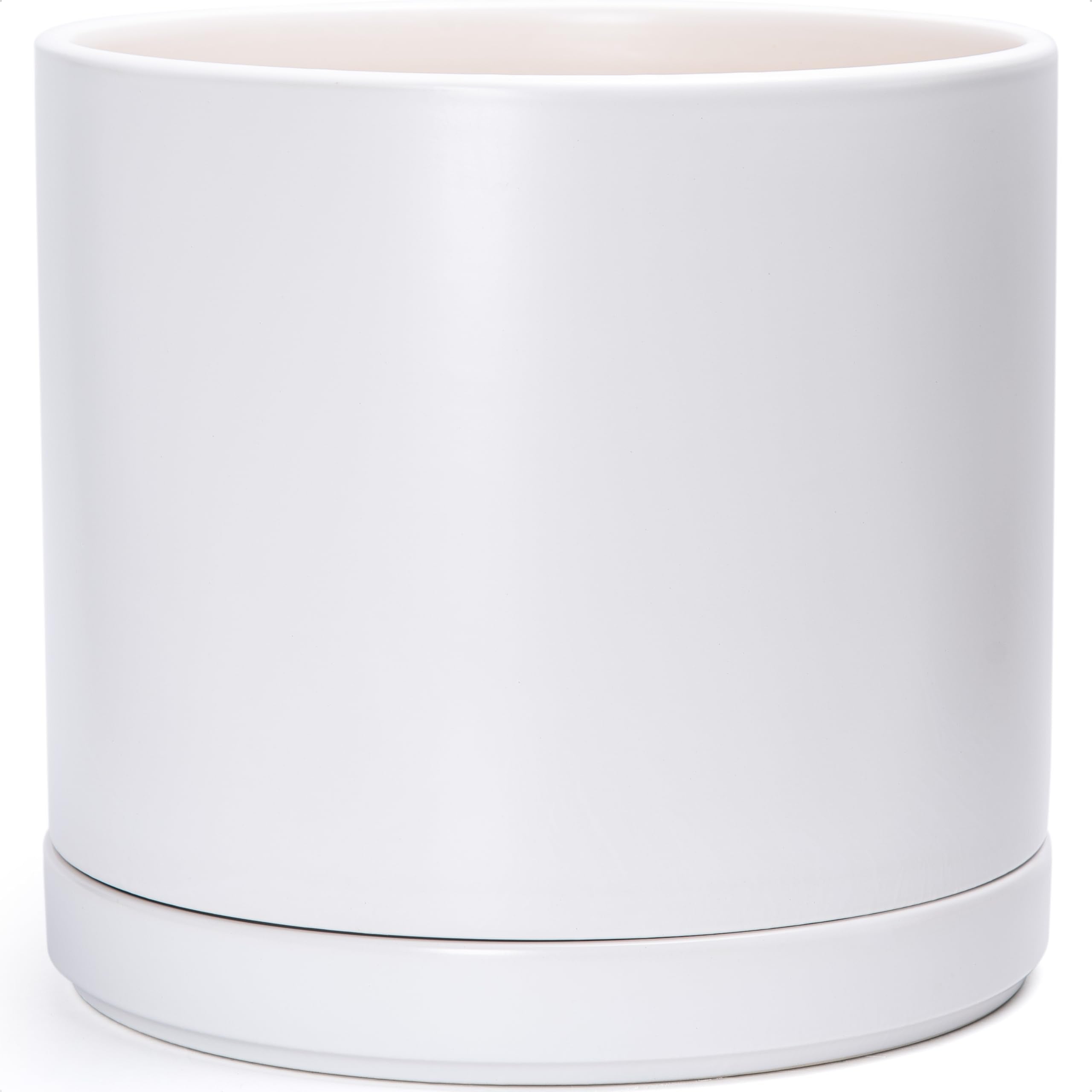 D'vine Dev 10 Inch Ceramic Planter Pot with Drainage Hole and Saucer, Indoor Cylinder Round Planter Pot, White, 94-O-E-1