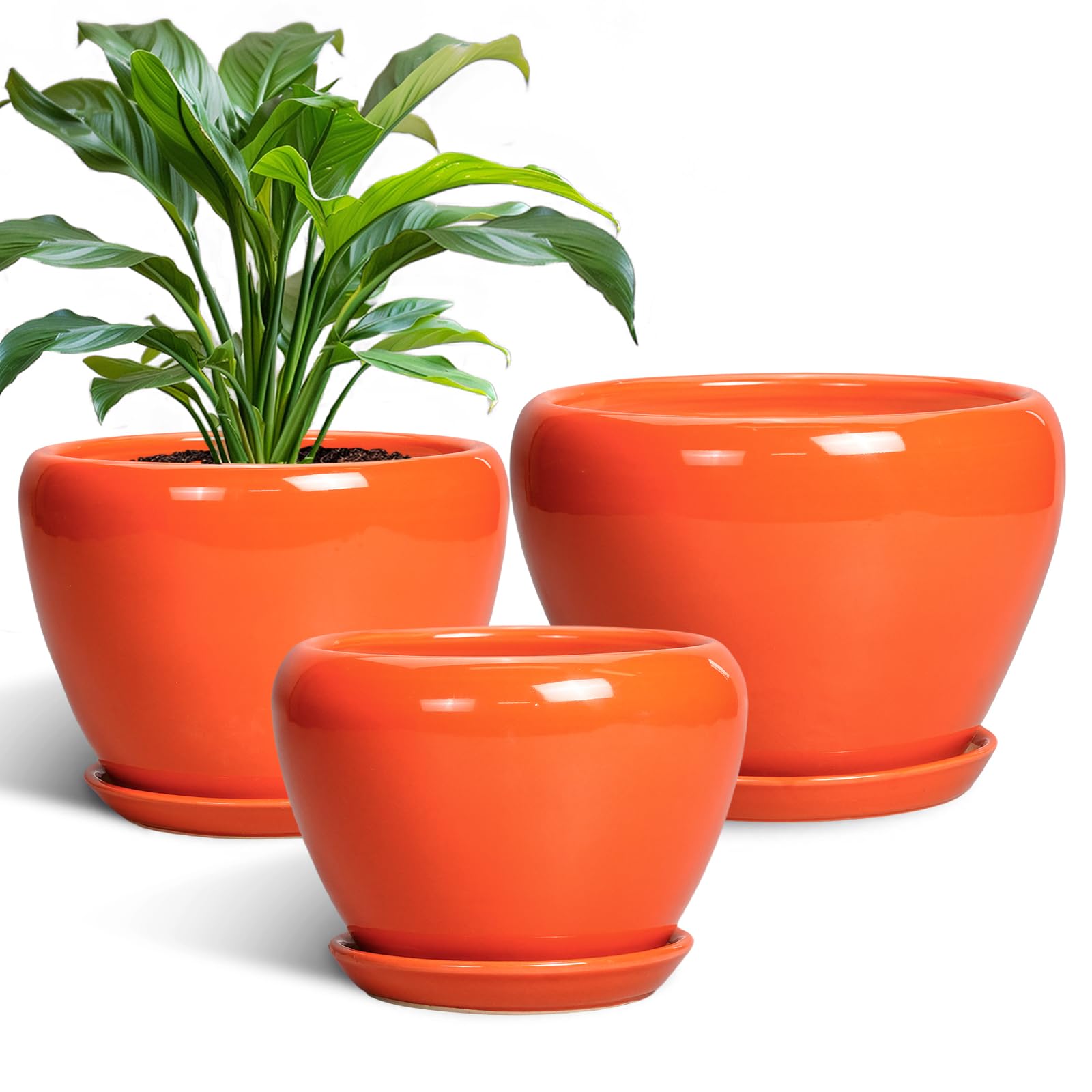 Ceramic Plant Pots Indoor, 10 Inch 8 Inch 6 Inch Round Planters Pots for Indoor Outdoor Plants, Modern Large Flower Pots with Drainage Holes and Saucers, Set of 3, Blue