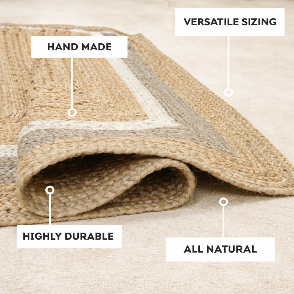 voyzz home 5X8 Feet-Rectangular, Premium Natural Jute High Traffic Braided Area Rug, Stain Resistance, Handmade Rug for Entryways,Living Room,Dining Room,Bedroom,Farmhouse (Natural & Grey & Ivory)