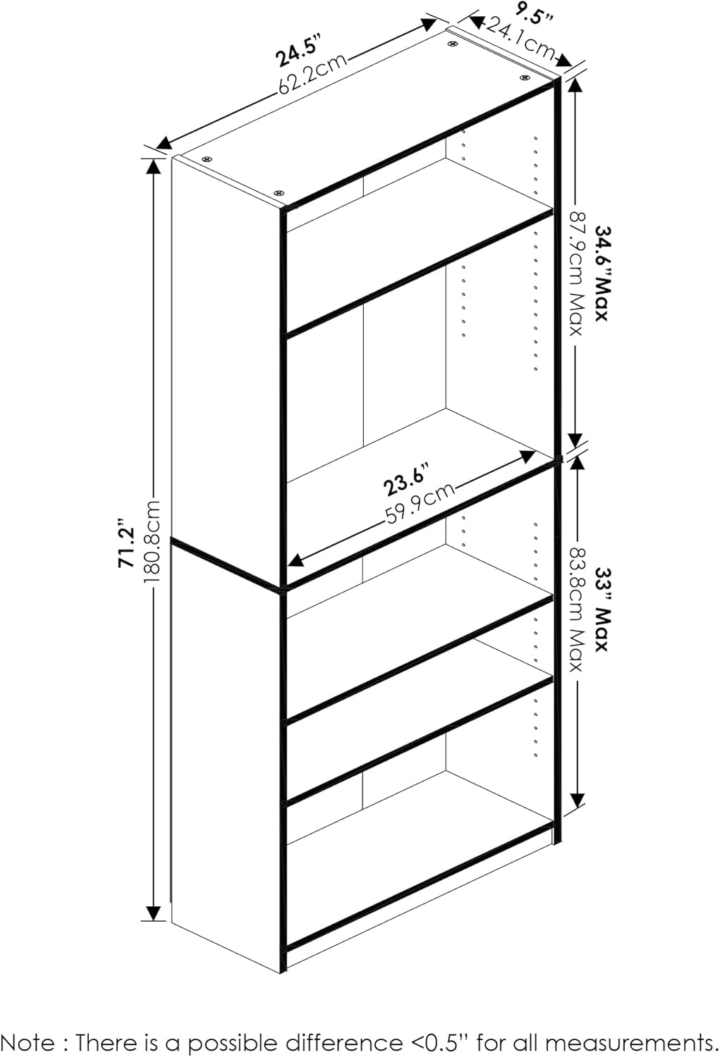 Furinno JAYA Book Shelf, 5-Tier Bookshelf, Bookcase with Adjustable Shelves, 9.5" x 24.5" x 71.2", for Organization and Storage, for Living Room, Bedroom, Home Office, Amber Pine