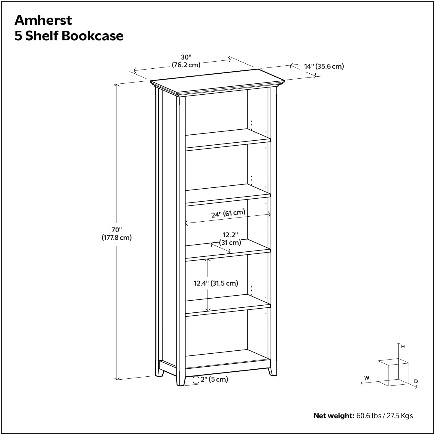 SIMPLIHOME Amherst Bookcase - 70 inch Tall 5-Shelf Solid Wood Bookshelf in Russet Brown, Transitional Storage for Living Room, Study Room or Office with Adjustable Shelves and Tapered Legs