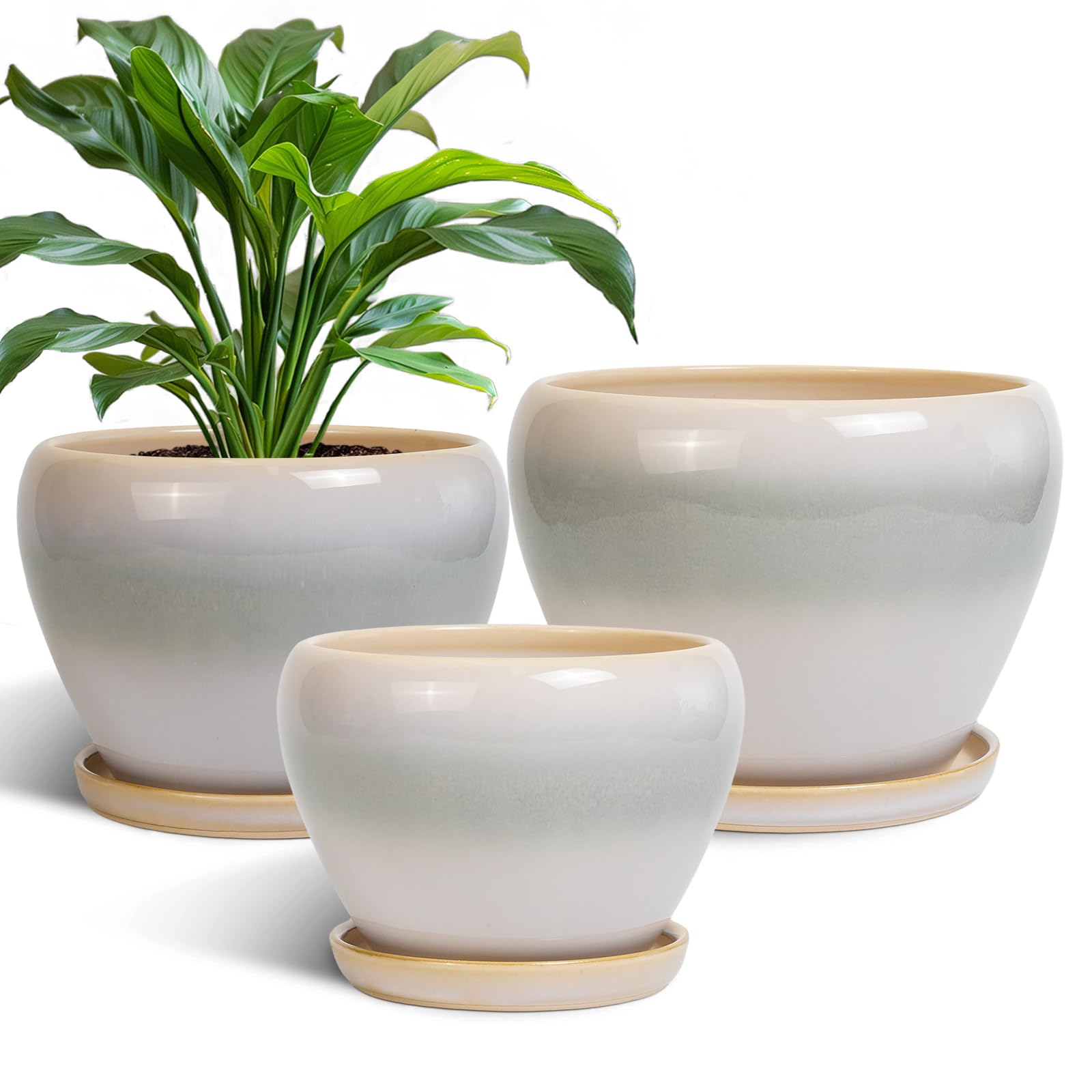Ceramic Plant Pots Indoor, 10 Inch 8 Inch 6 Inch Round Planters Pots for Indoor Outdoor Plants, Modern Large Flower Pots with Drainage Holes and Saucers, Set of 3, Blue