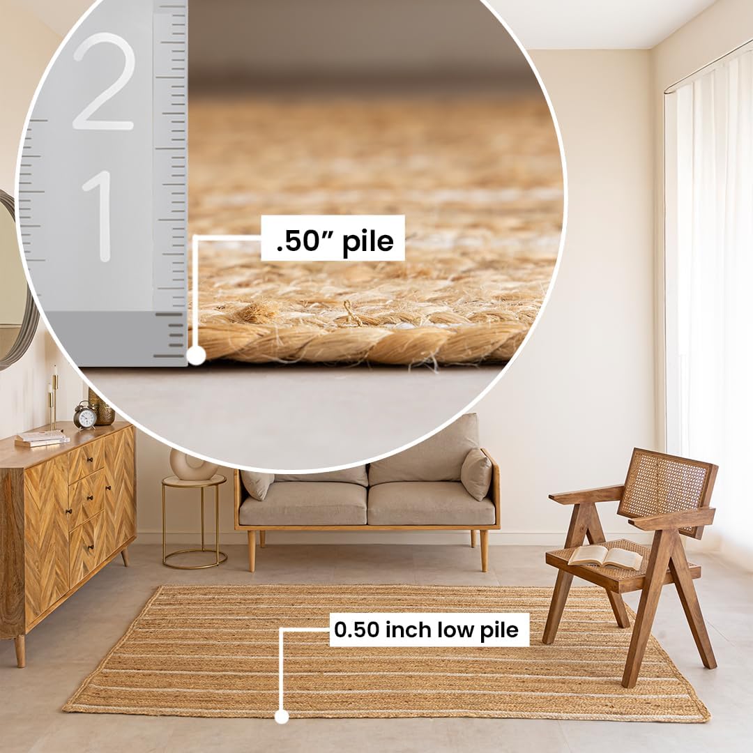 HOMEMONDE Natural Braided Jute Area Rug 4x6 ft - Off White Stripe Eco Friendly Premium Fiber - Hand Woven Rustic Vintage Reversible Carpet Rugs for Bedroom, Kitchen, Living Room and Dining Room