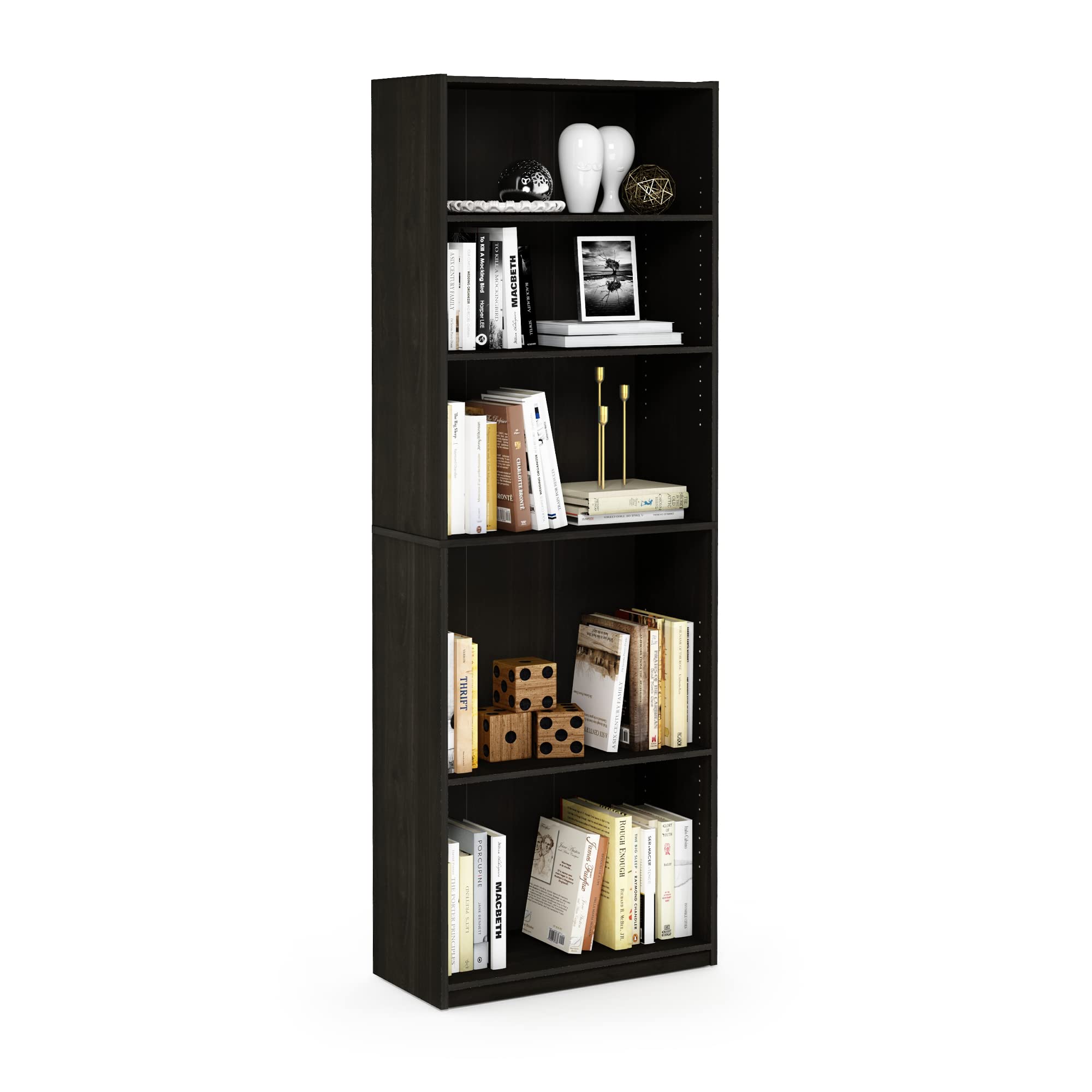 Furinno JAYA Book Shelf, 5-Tier Bookshelf, Bookcase with Adjustable Shelves, 9.5" x 24.5" x 71.2", for Organization and Storage, for Living Room, Bedroom, Home Office, Amber Pine