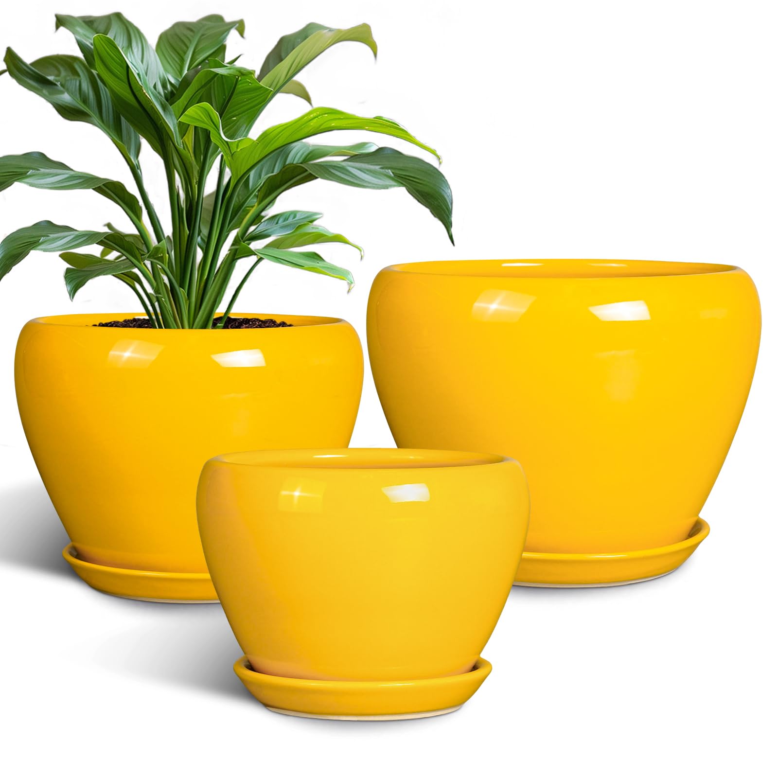 Ceramic Plant Pots Indoor, 10 Inch 8 Inch 6 Inch Round Planters Pots for Indoor Outdoor Plants, Modern Large Flower Pots with Drainage Holes and Saucers, Set of 3, Blue