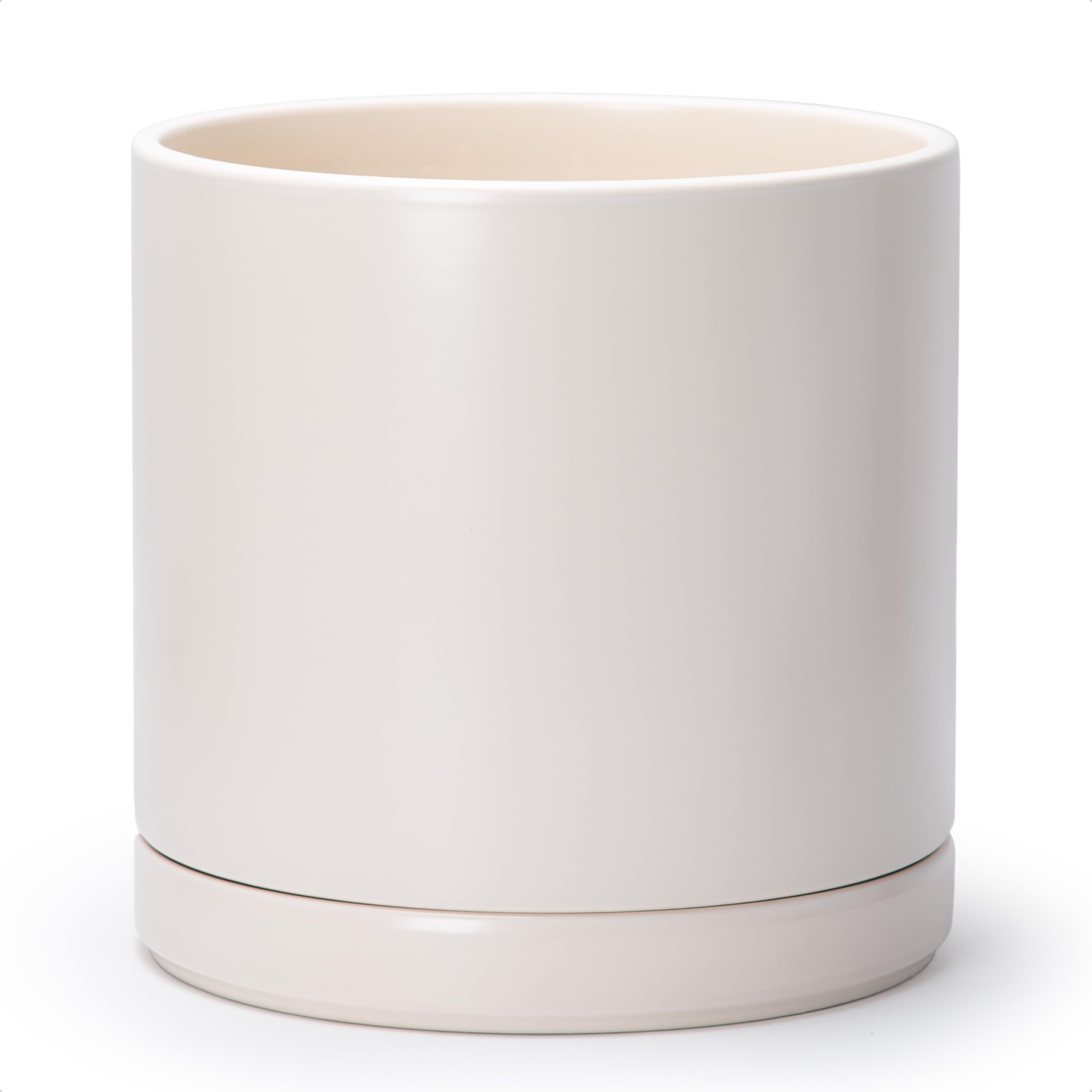 D'vine Dev 10 Inch Ceramic Planter Pot with Drainage Hole and Saucer, Indoor Cylinder Round Planter Pot, White, 94-O-E-1