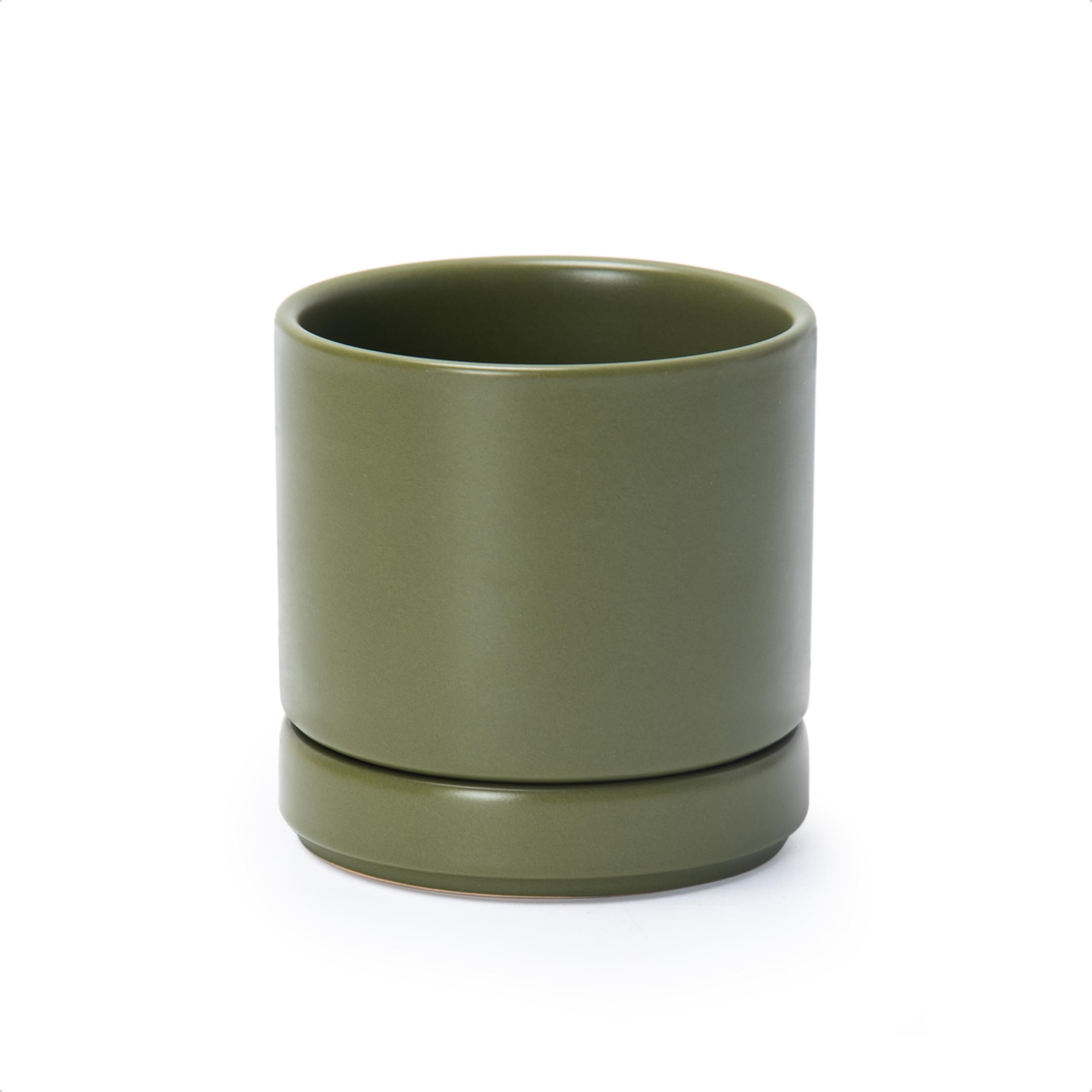D'vine Dev 10 Inch Ceramic Planter Pot with Drainage Hole and Saucer, Indoor Cylinder Round Planter Pot, White, 94-O-E-1