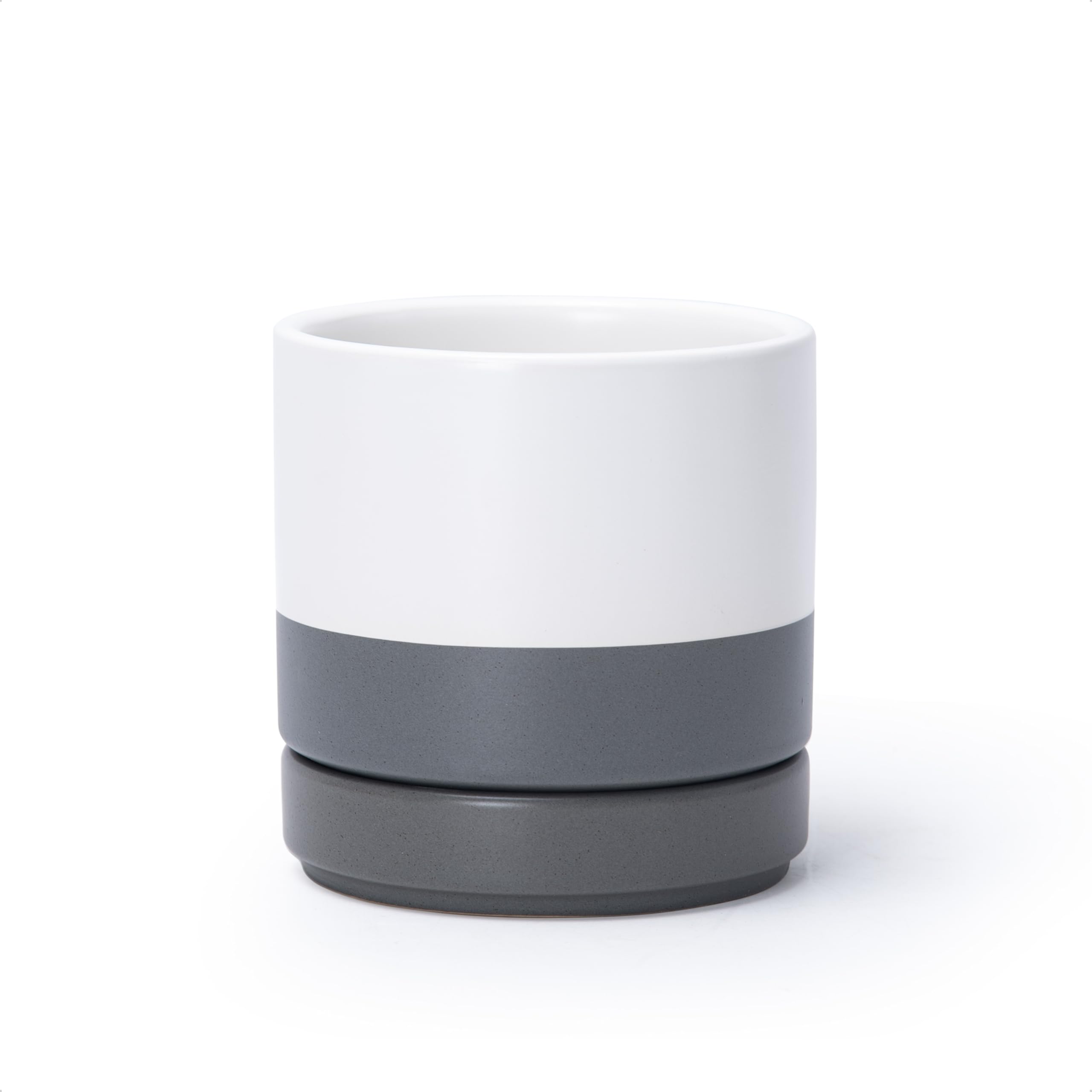 D'vine Dev 10 Inch Ceramic Planter Pot with Drainage Hole and Saucer, Indoor Cylinder Round Planter Pot, White, 94-O-E-1