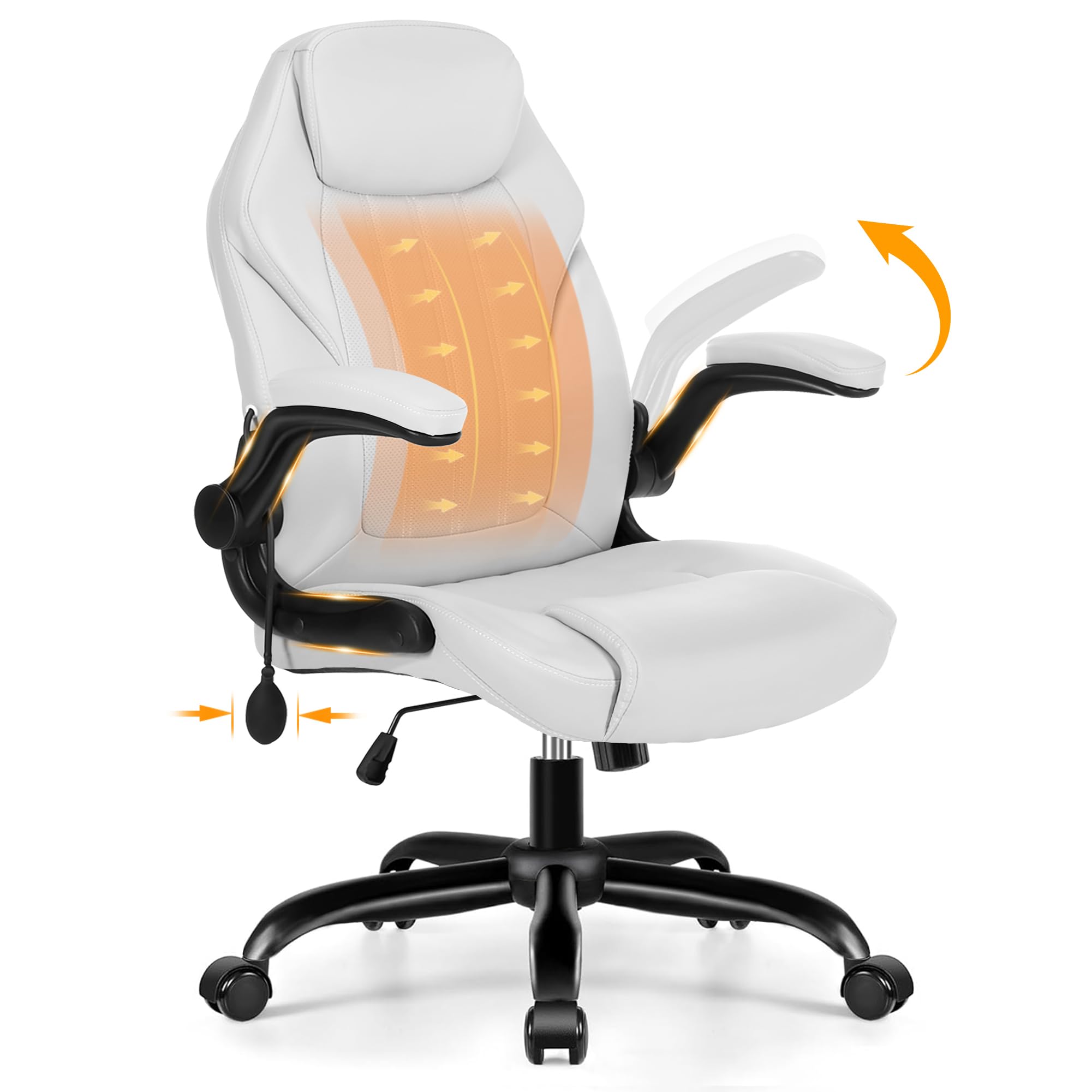 Ylzyxal Office Desk Chair, Ergonomic Computer Chair with Padded Flip-Up Arms and Adjustable Lumbar Support, PU Leather Executive Chair with Tilt Lock and 360° Swivel Rolling Wheels for Work, Study