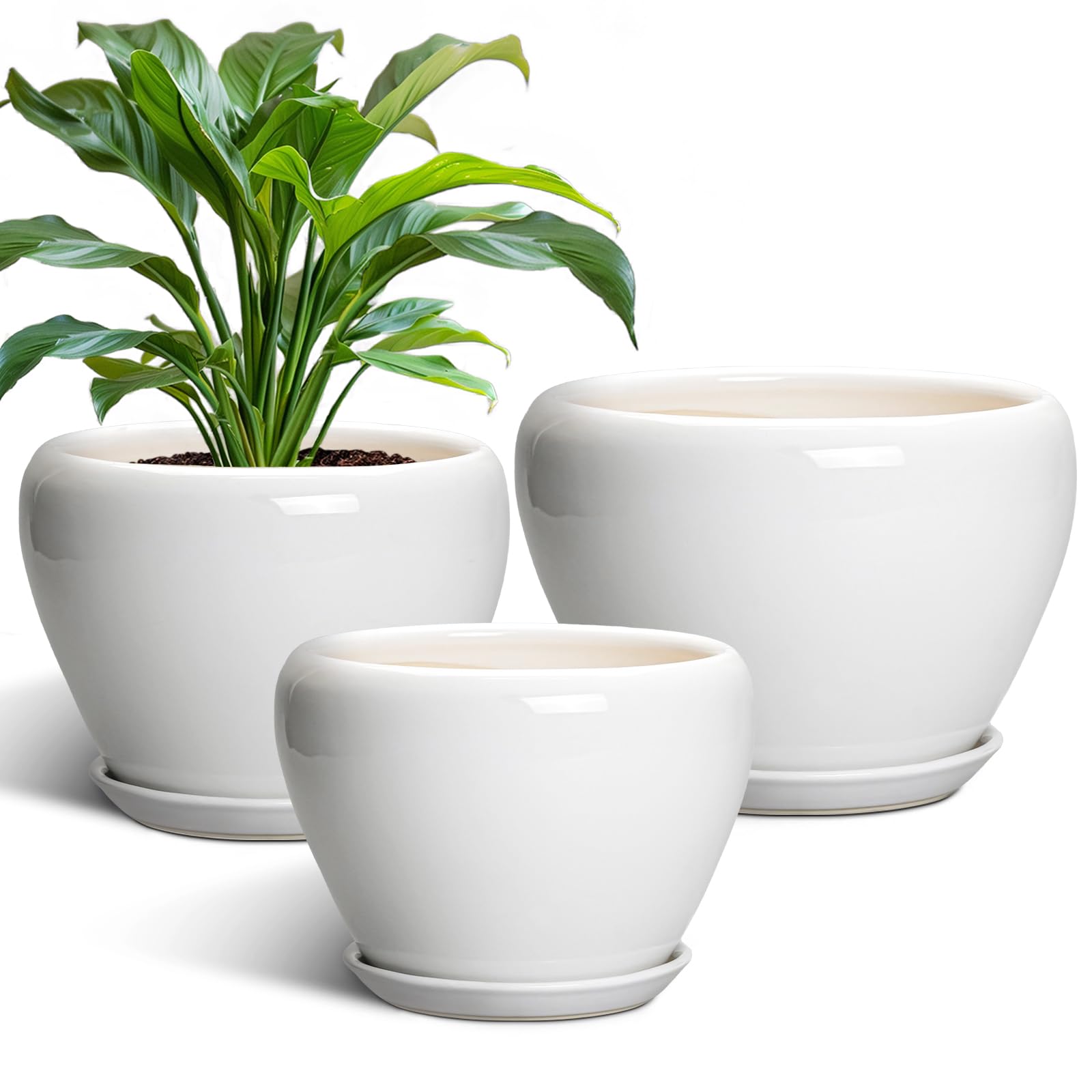 Ceramic Plant Pots Indoor, 10 Inch 8 Inch 6 Inch Round Planters Pots for Indoor Outdoor Plants, Modern Large Flower Pots with Drainage Holes and Saucers, Set of 3, Blue