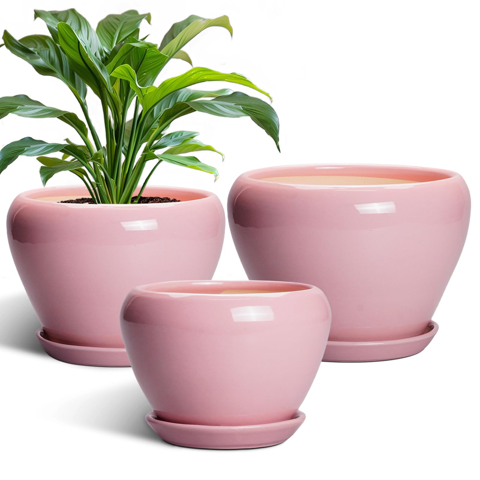 Ceramic Plant Pots Indoor, 10 Inch 8 Inch 6 Inch Round Planters Pots for Indoor Outdoor Plants, Modern Large Flower Pots with Drainage Holes and Saucers, Set of 3, Blue