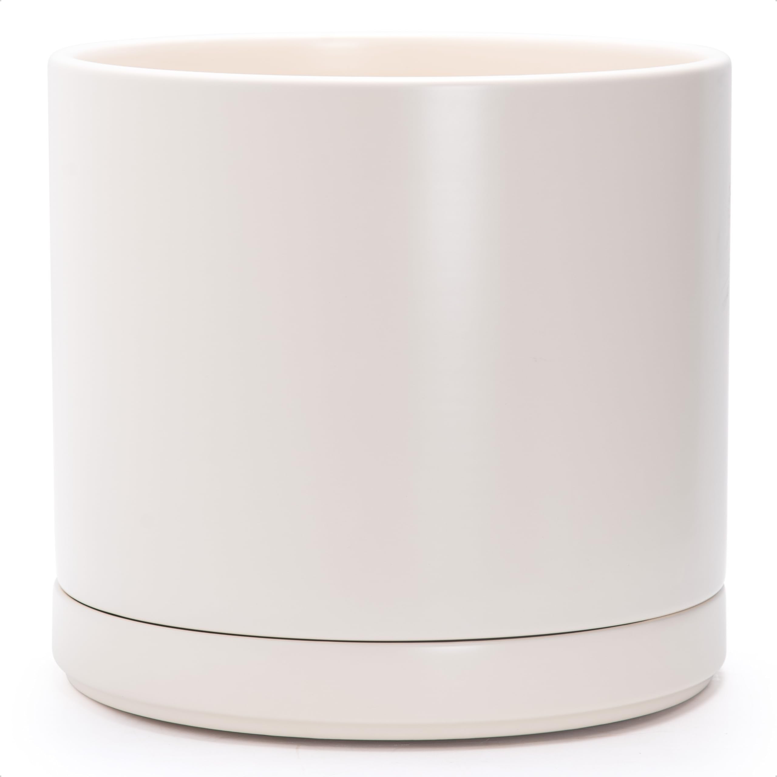 D'vine Dev 10 Inch Ceramic Planter Pot with Drainage Hole and Saucer, Indoor Cylinder Round Planter Pot, White, 94-O-E-1