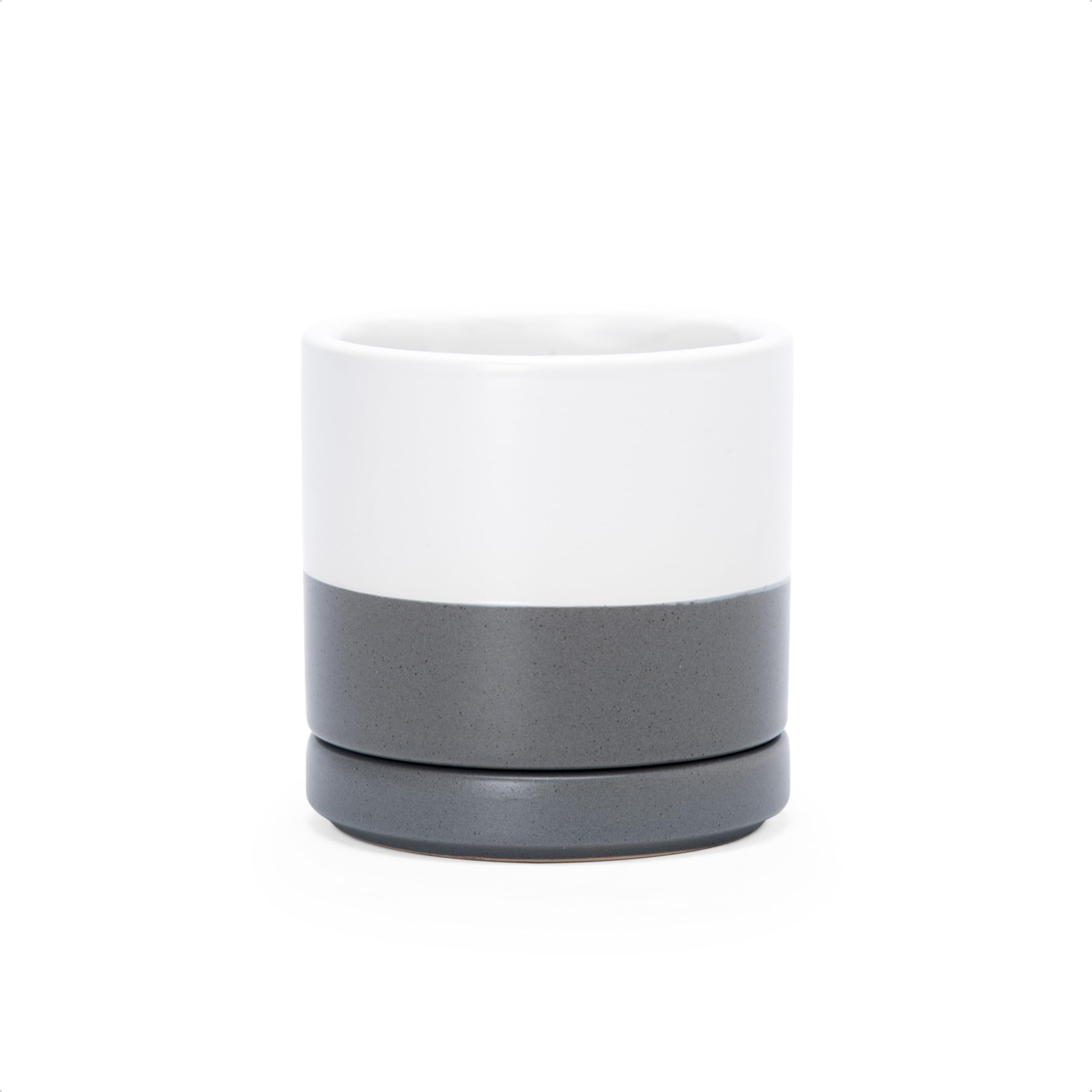 D'vine Dev 10 Inch Ceramic Planter Pot with Drainage Hole and Saucer, Indoor Cylinder Round Planter Pot, White, 94-O-E-1