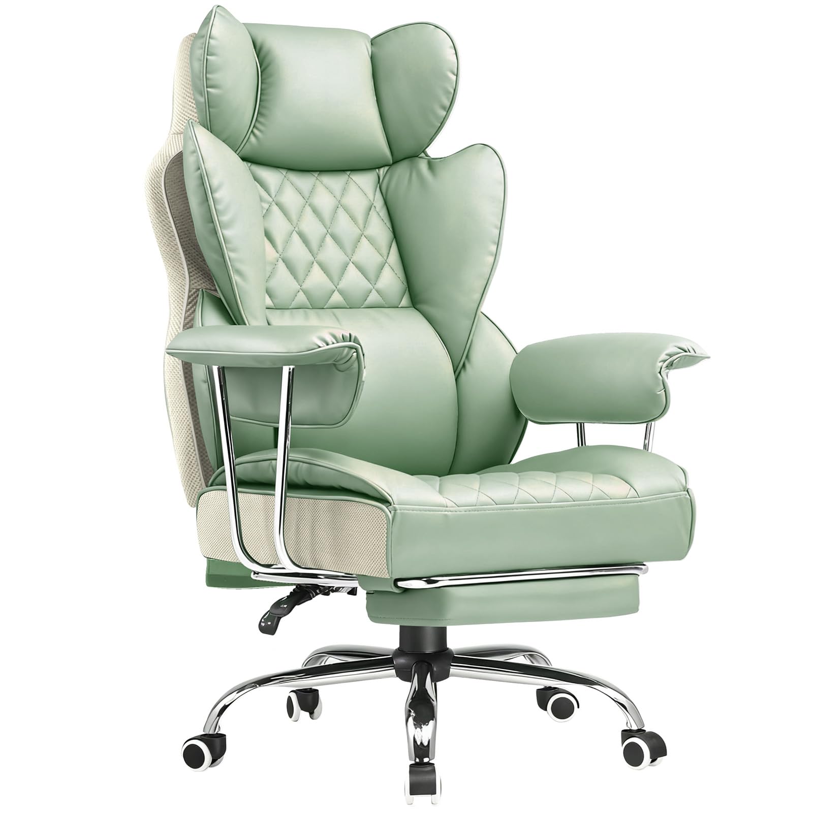 COMHOMA Big and Tall Office Chair, High Back Leather Gaming Chair with Footrest, Executive Ergonomic Office Chair with Pocket Spring Lumbar Support and with Outward Fixed Soft Armrests