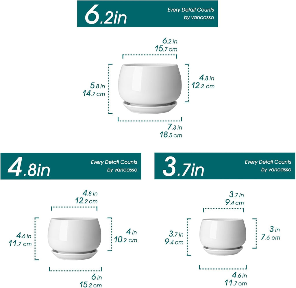 vancasso 3-Pack Ceramic Plant Pots, 3.7/4.8/6.2 Inch Indoor Planters with Saucers & Drainage Hole Planter pots for Indoor Plants and Flower, White