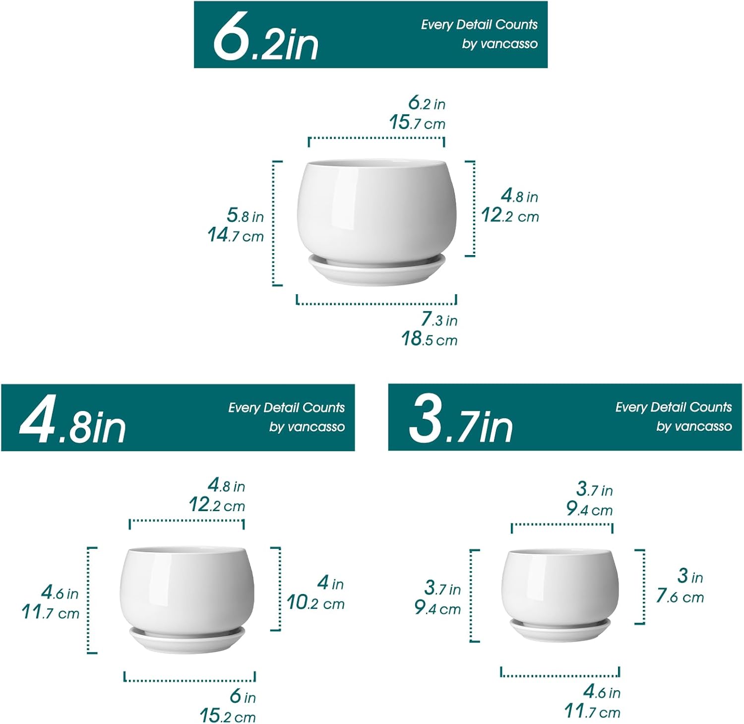 vancasso 3-Pack Ceramic Plant Pots, 3.7/4.8/6.2 Inch Indoor Planters with Saucers & Drainage Hole Planter pots for Indoor Plants and Flower, White