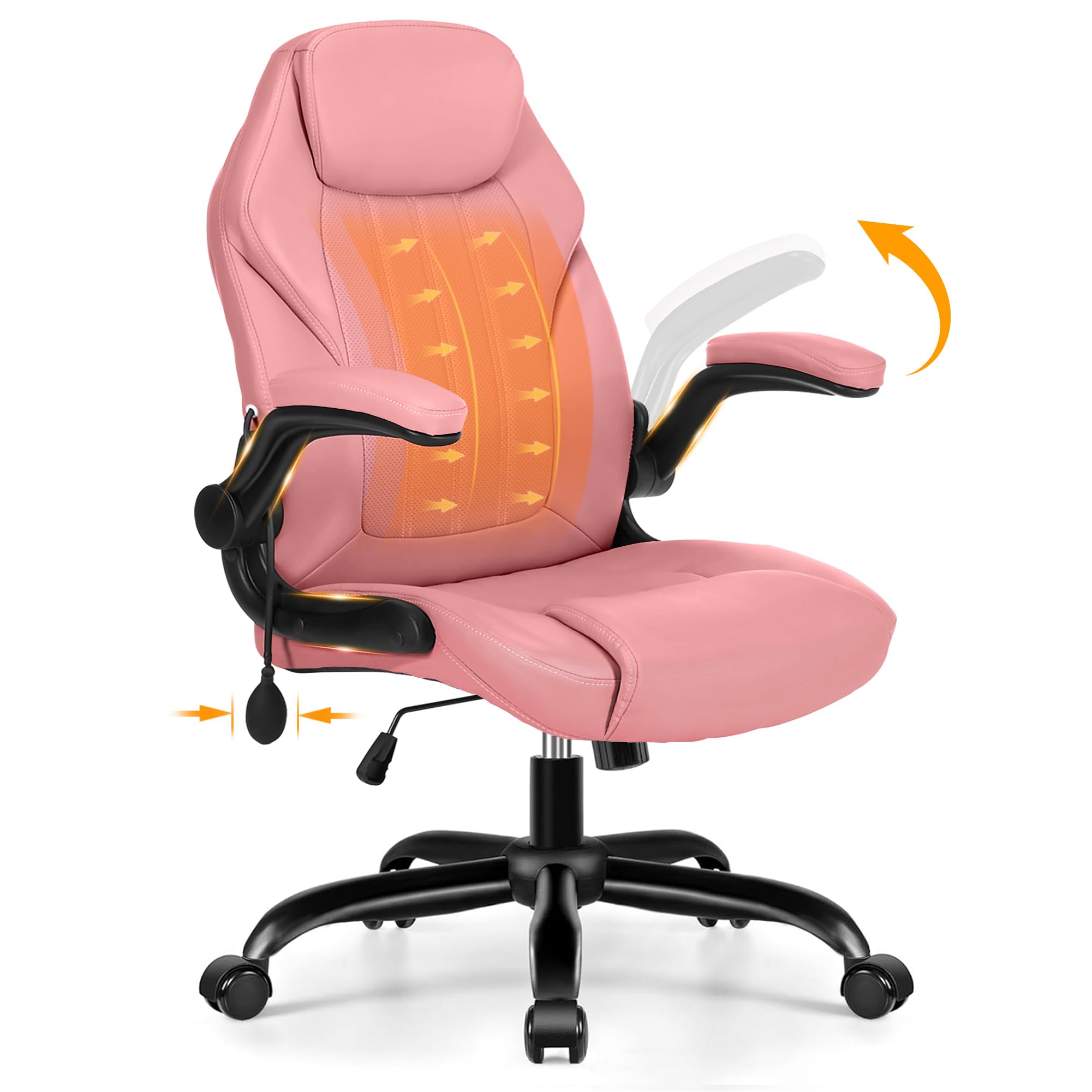 Ylzyxal Office Desk Chair, Ergonomic Computer Chair with Padded Flip-Up Arms and Adjustable Lumbar Support, PU Leather Executive Chair with Tilt Lock and 360° Swivel Rolling Wheels for Work, Study