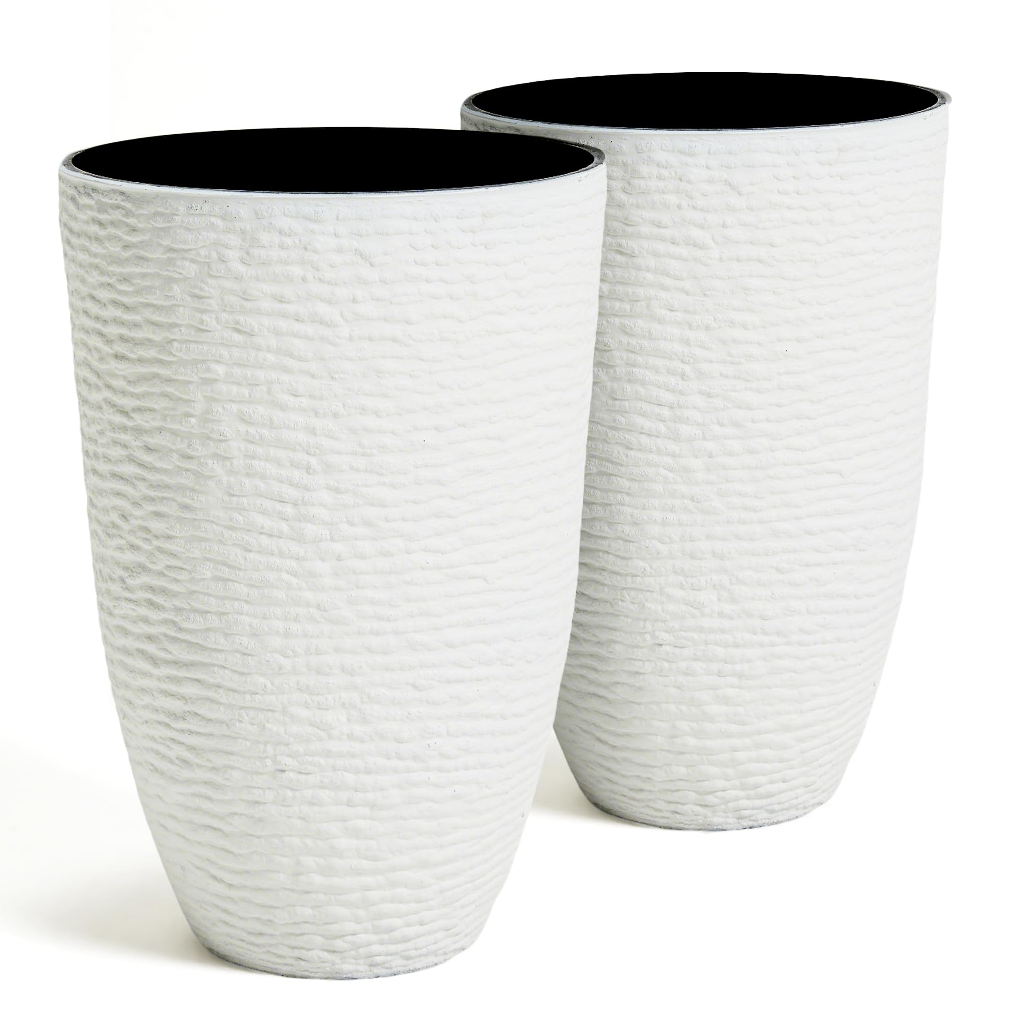 Worth 9 Gallon Tall Round Planters Set of 2-14" Dia x 21" H Stone Finish Flower Pots Indoor Decorative Container Garden Patio Unbreakable Beige