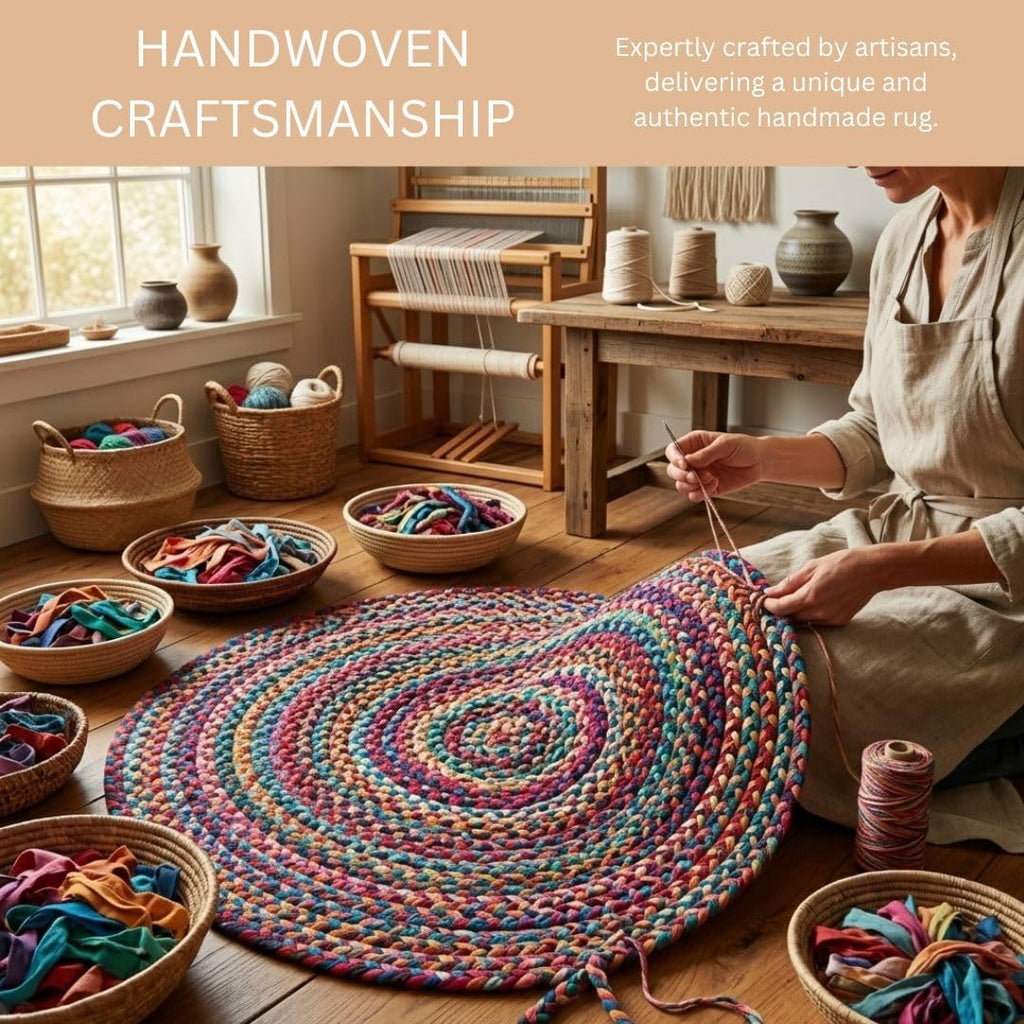 WeWove Hand Woven Area Rug 8 Feet Round - Cotton Area Rug Rustic Farmhouse Boho Accent Rug for Living Room Bedroom Kitchen Dorm Entryway Hallway - for High Traffic Areas Handcrafted Floor Rug